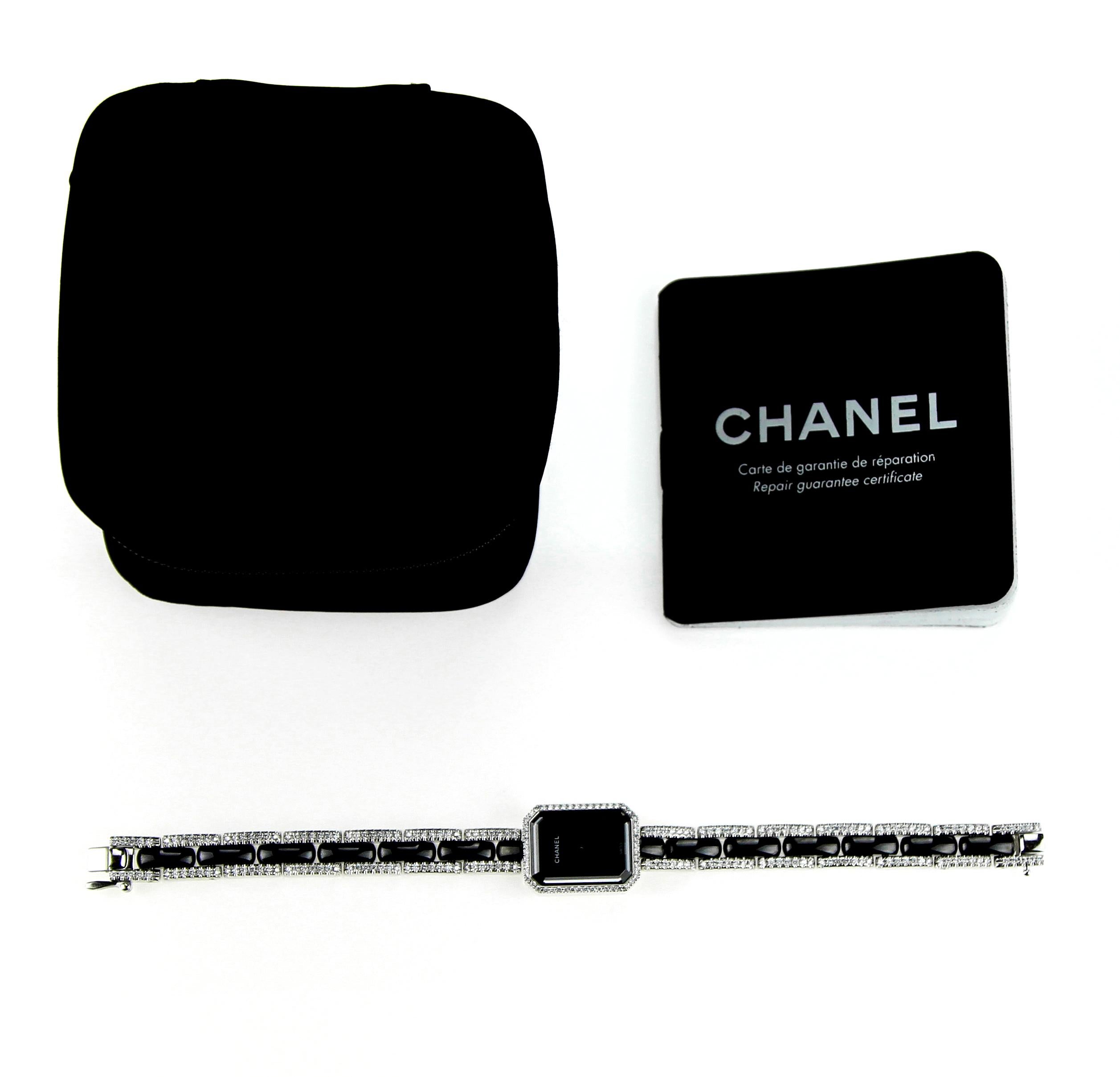 Chanel Premiere ladies dress watch in 18 carat white gold with black ceramic and diamonds. Recently been serviced by Chanel. 
