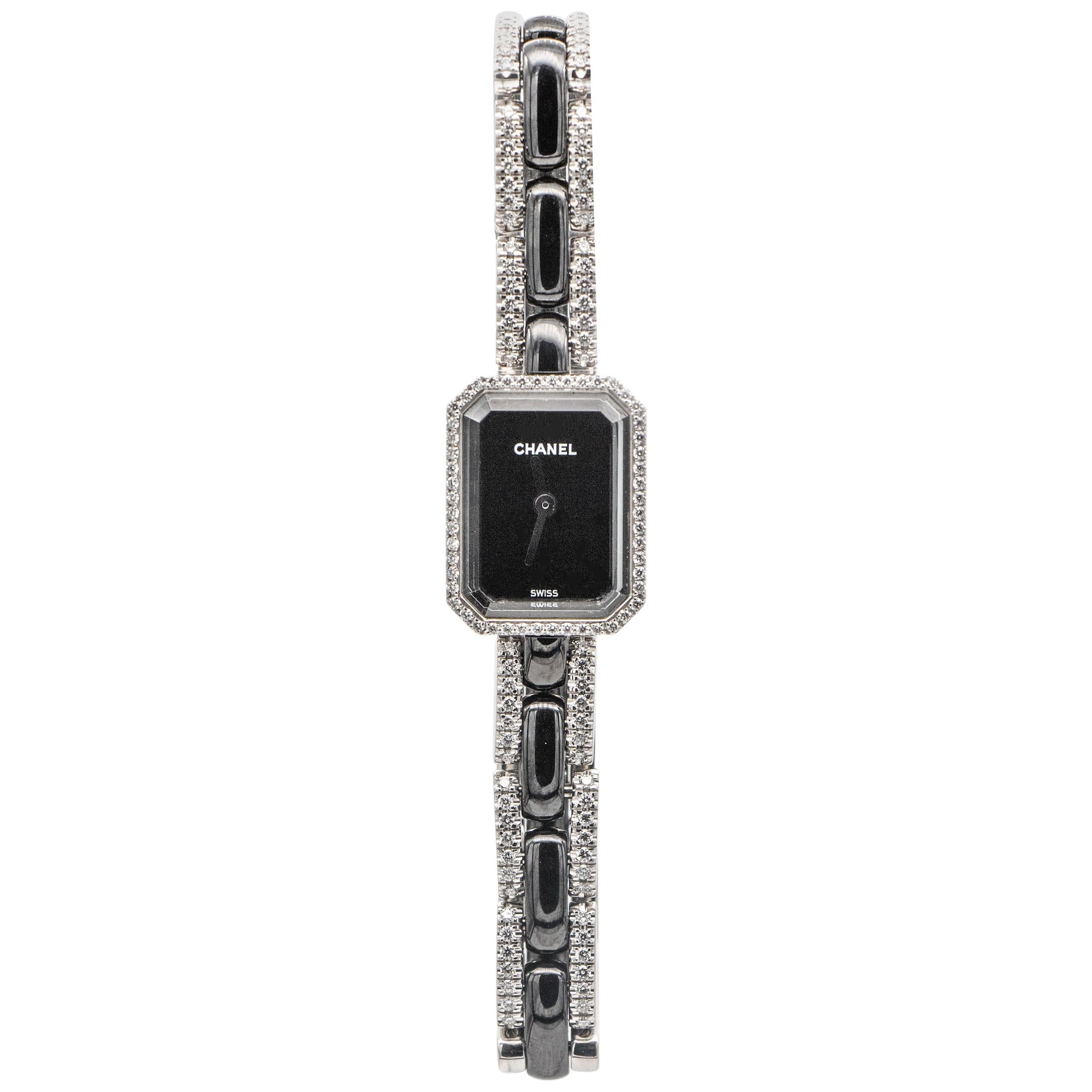 Rare Chanel Premiere Mini Black Ceramic Watch With Diamonds 1.49 Carats 18K Gold