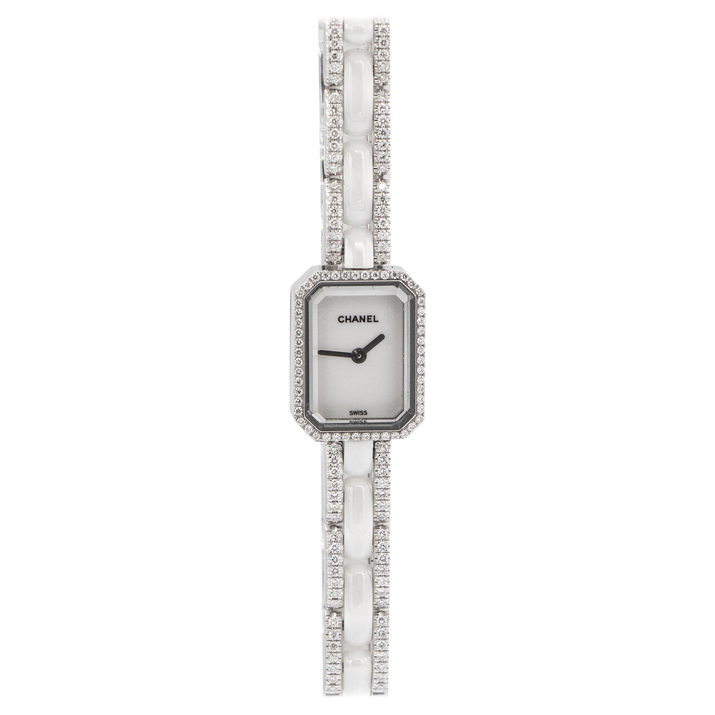 Rare Chanel Premiere Mini White Ceramic Watch With Diamonds 1.49 Carats 18K  Gold