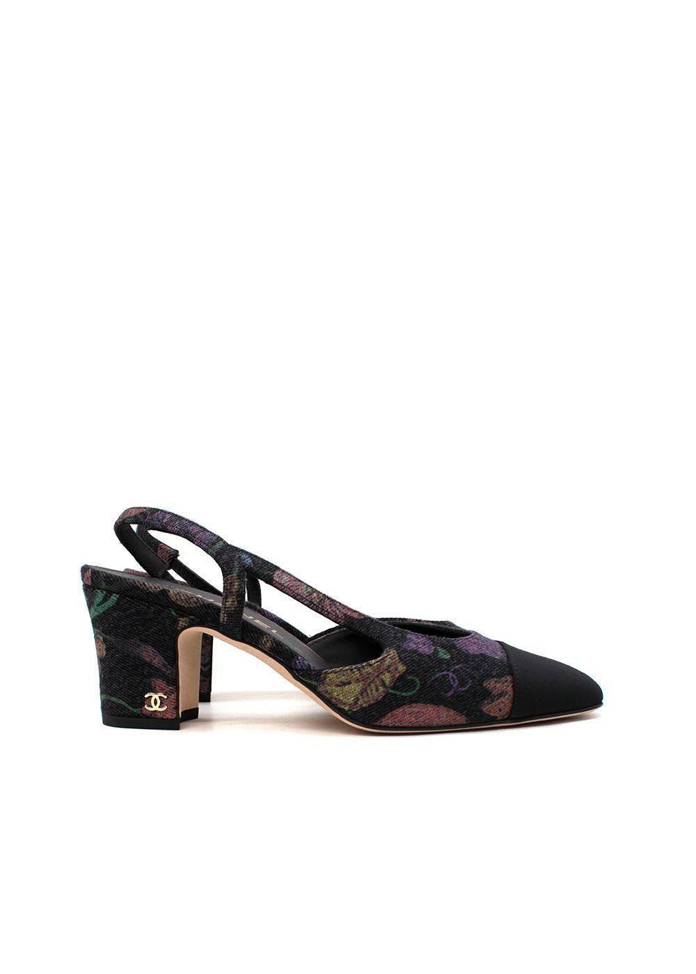 Chanel Printed Canvas Block Heeled Slingback Pumps

- Muted multicolour floral design on charcoal canvas
- Black grosgrain toe caps
- CC logo adorns the canvas wrapped block heel
- Elasticated slingback strap
- Leather