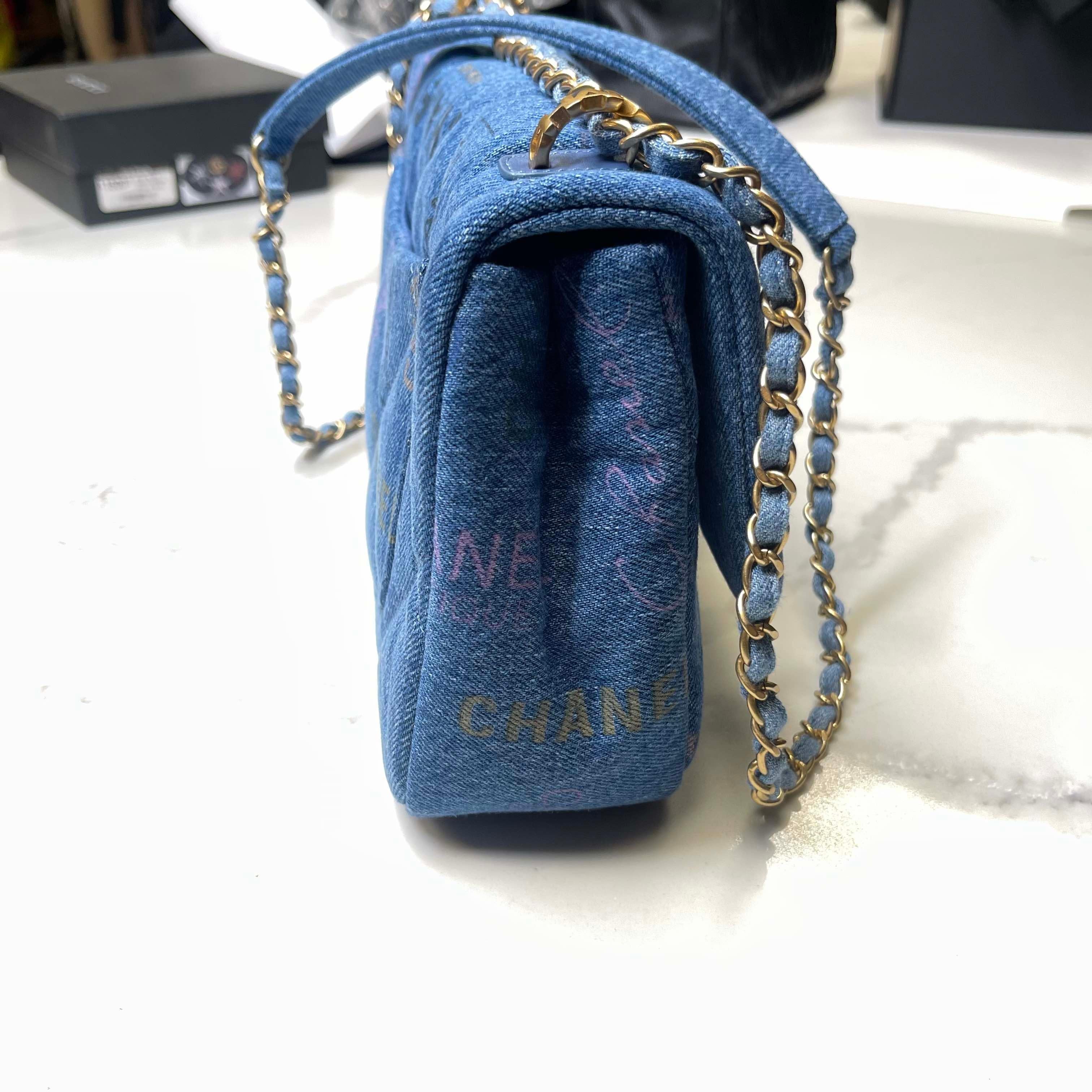 Women's or Men's Chanel Printed CC Blue Denim Large Graffiti Flap Bag (2022)