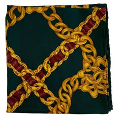 CHANEL Printed Chains Scarf in Dark Green and Gold Silk