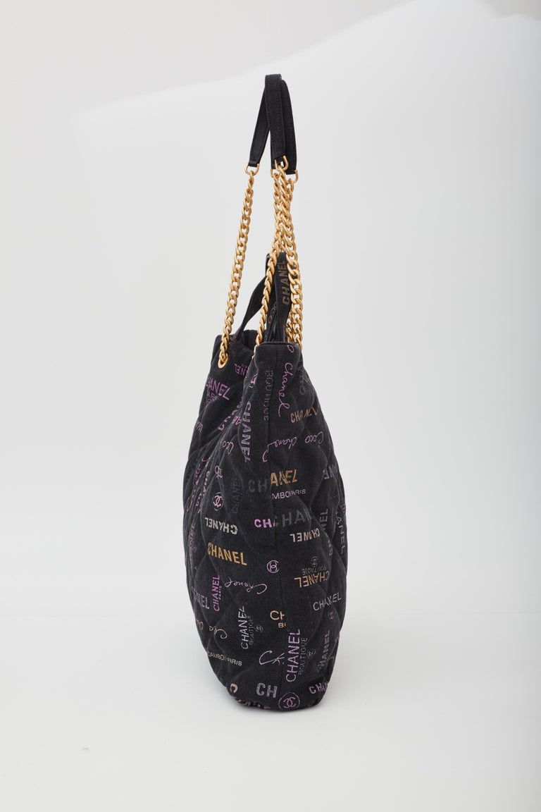 Chanel Printed Logo Black Denim Graffiti Shopping Maxi Tote Bag (2021) For  Sale at 1stDibs