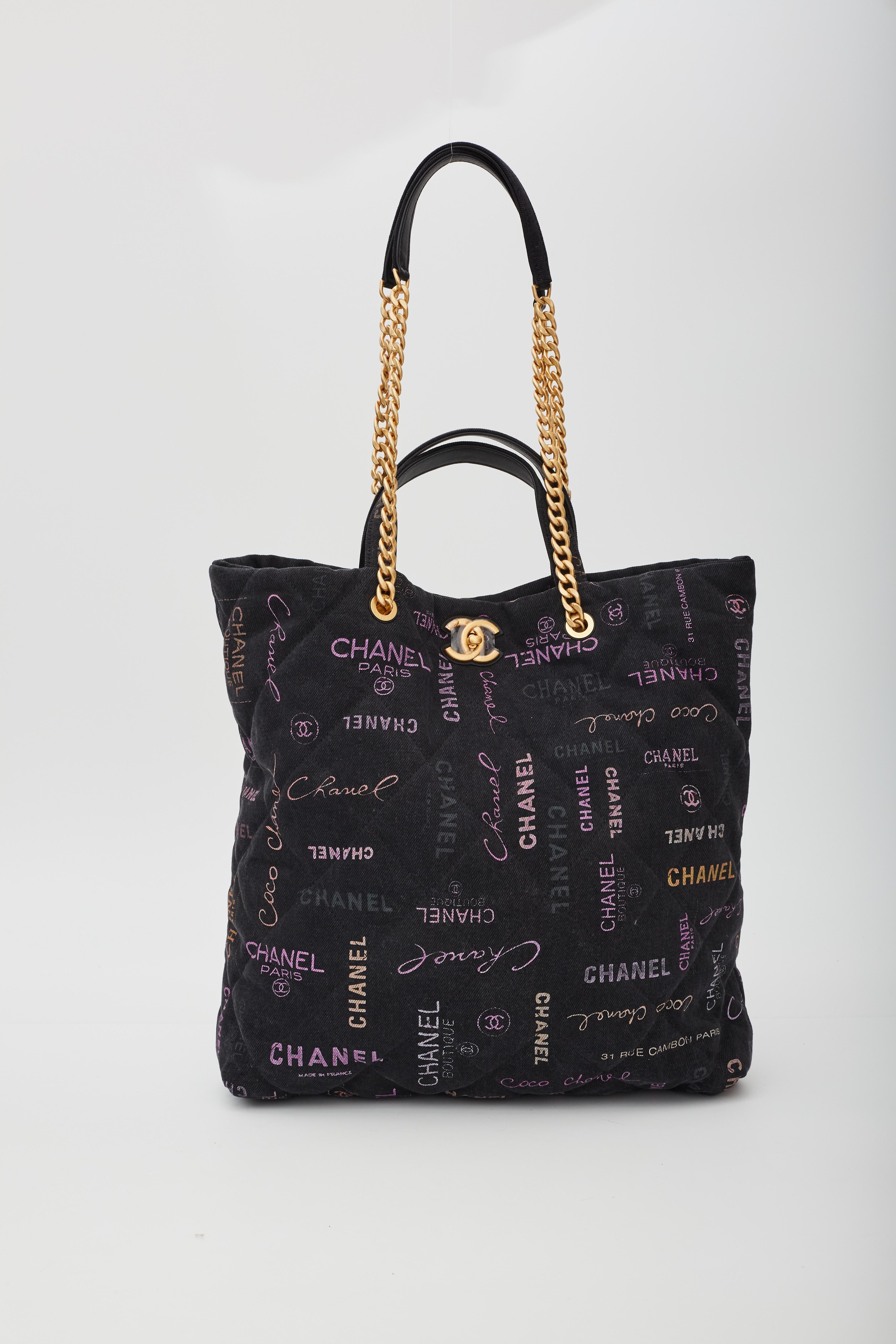 Women's or Men's Chanel Printed Logo Black Denim Graffiti Shopping Maxi Tote Bag (2021)