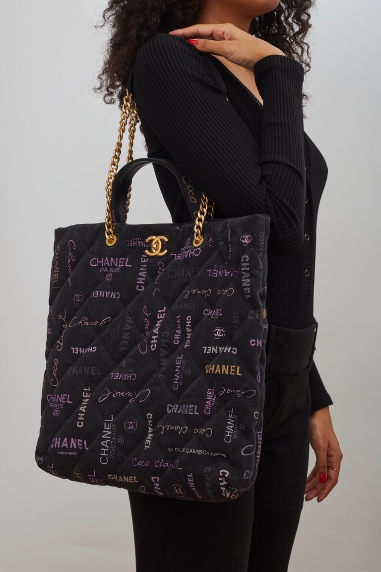 Chanel Printed Logo Black Denim Graffiti Shopping Maxi Tote Bag (2021)