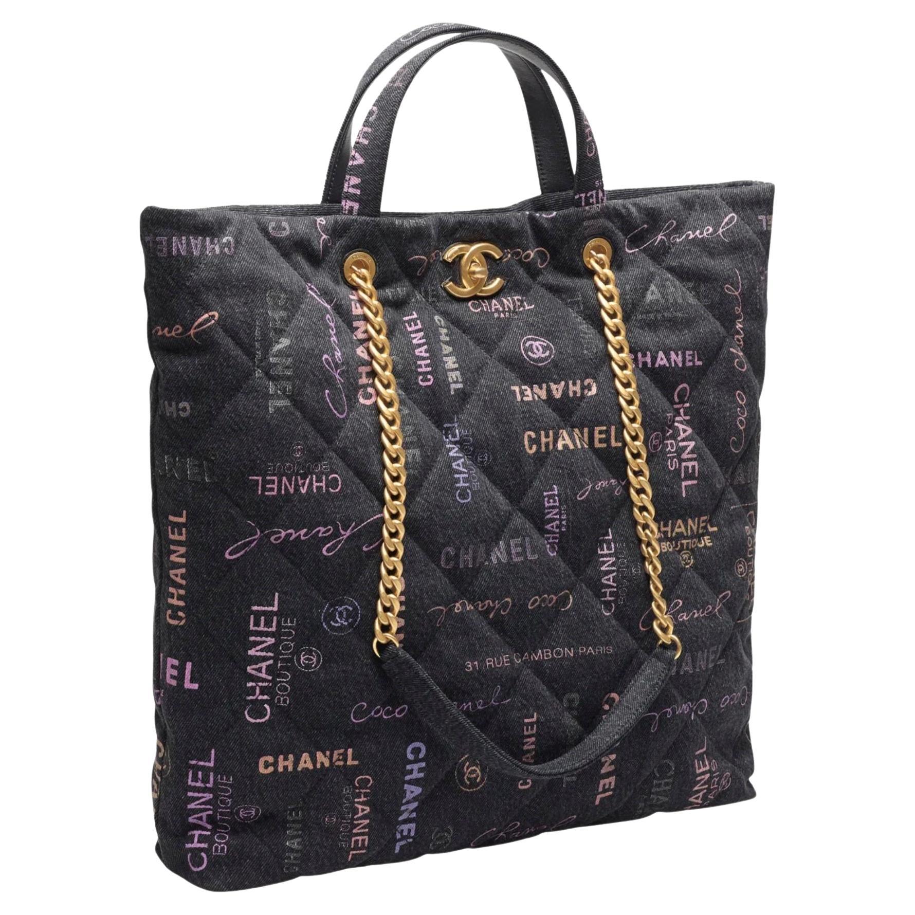 Chanel Printed Logo Black Denim Graffiti Shopping Maxi Tote Bag (2021) at  1stDibs