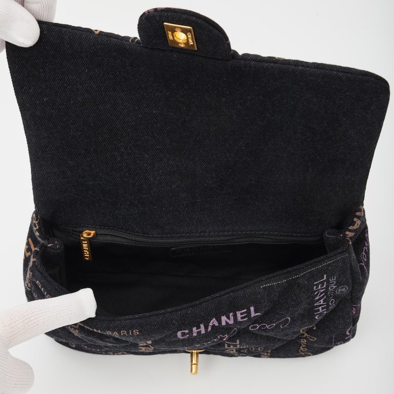 Chanel Printed Logo Black Denim Large Graffiti Flap Bag (2021) at 1stDibs  chanel  graffiti bag 2021, chanel denim flap bag 2021, chanel black denim bag