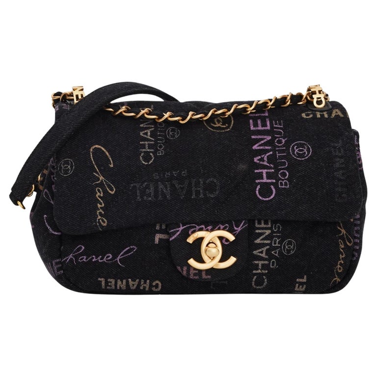 Chanel Printed Logo Black Denim Small Graffiti Flap Bag (2021) For Sale at  1stDibs