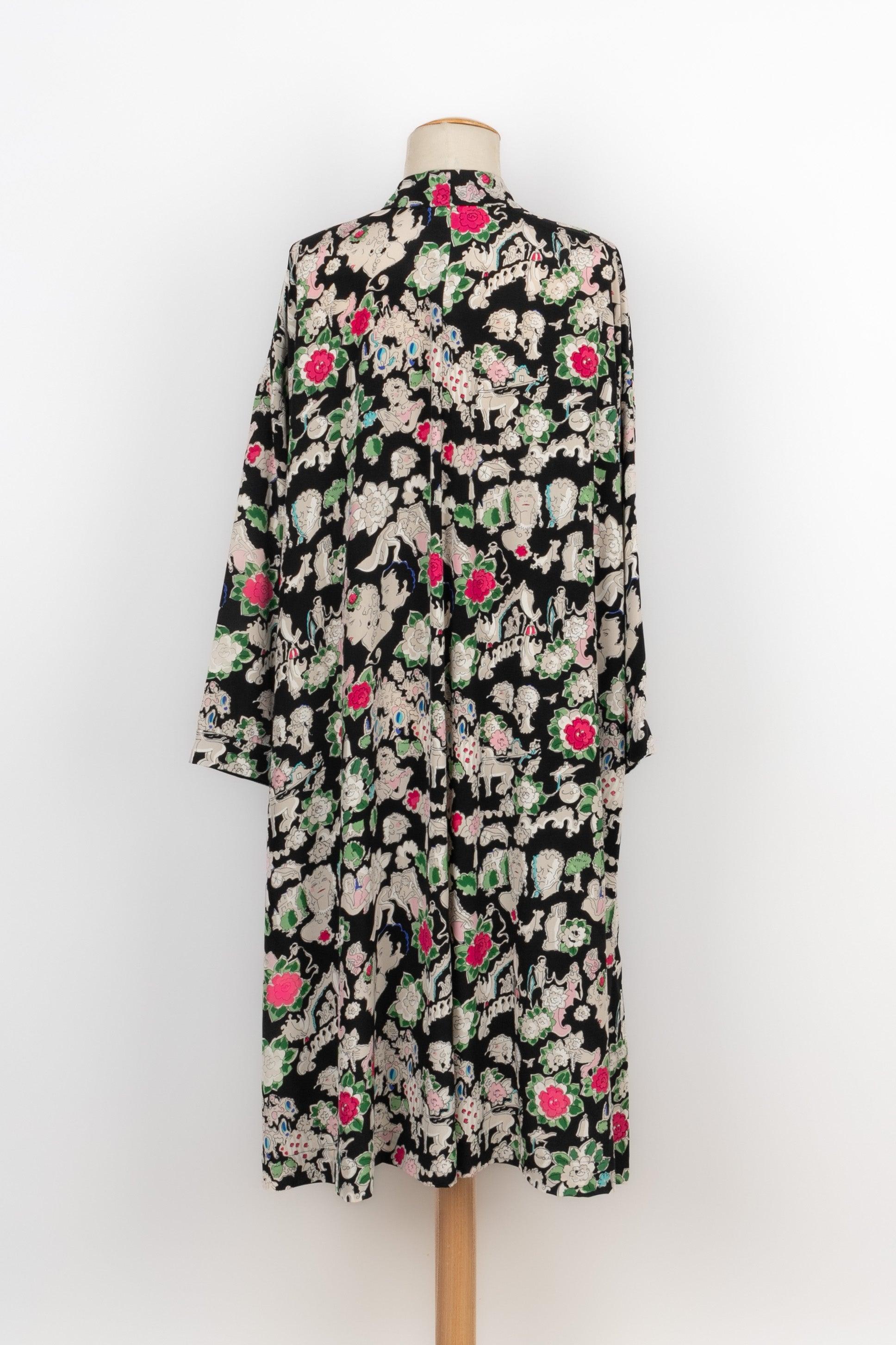 Black Chanel Printed Silk Long Cardigan, 1980s