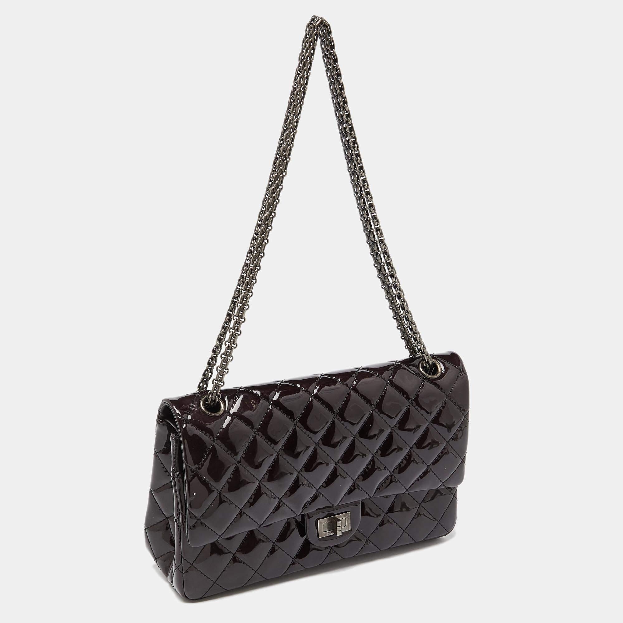 Black Chanel Prune Quilted Patent Leather Classic 2.55 Reissue 226 Double Flap Bag