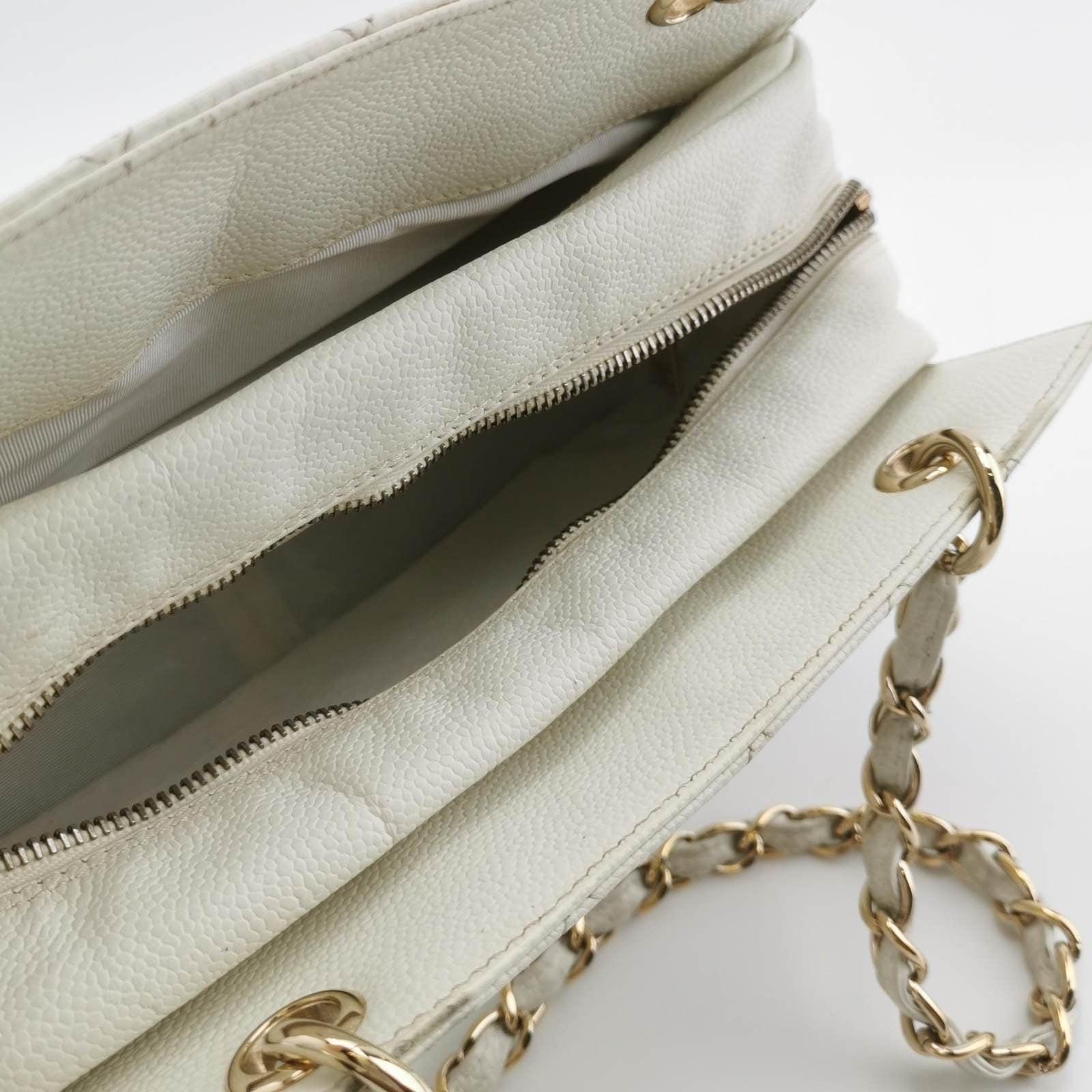 Women's Chanel PST Petite Shopping Tote 2002 White Caviar Leather Chain Bag