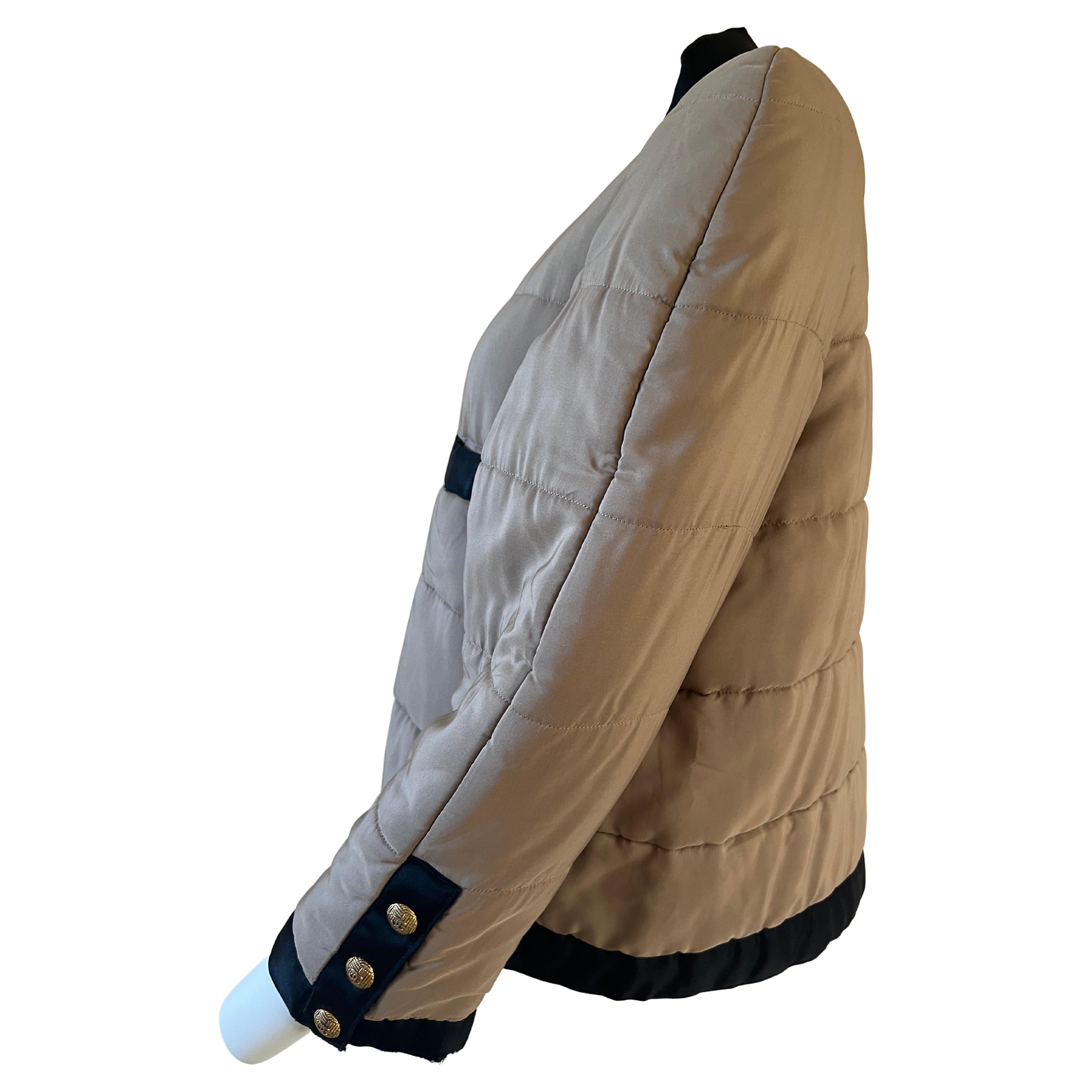 Brown Chanel Puffer Silk Black and Beige Jacket Iconic Vintage 1990 For Sale