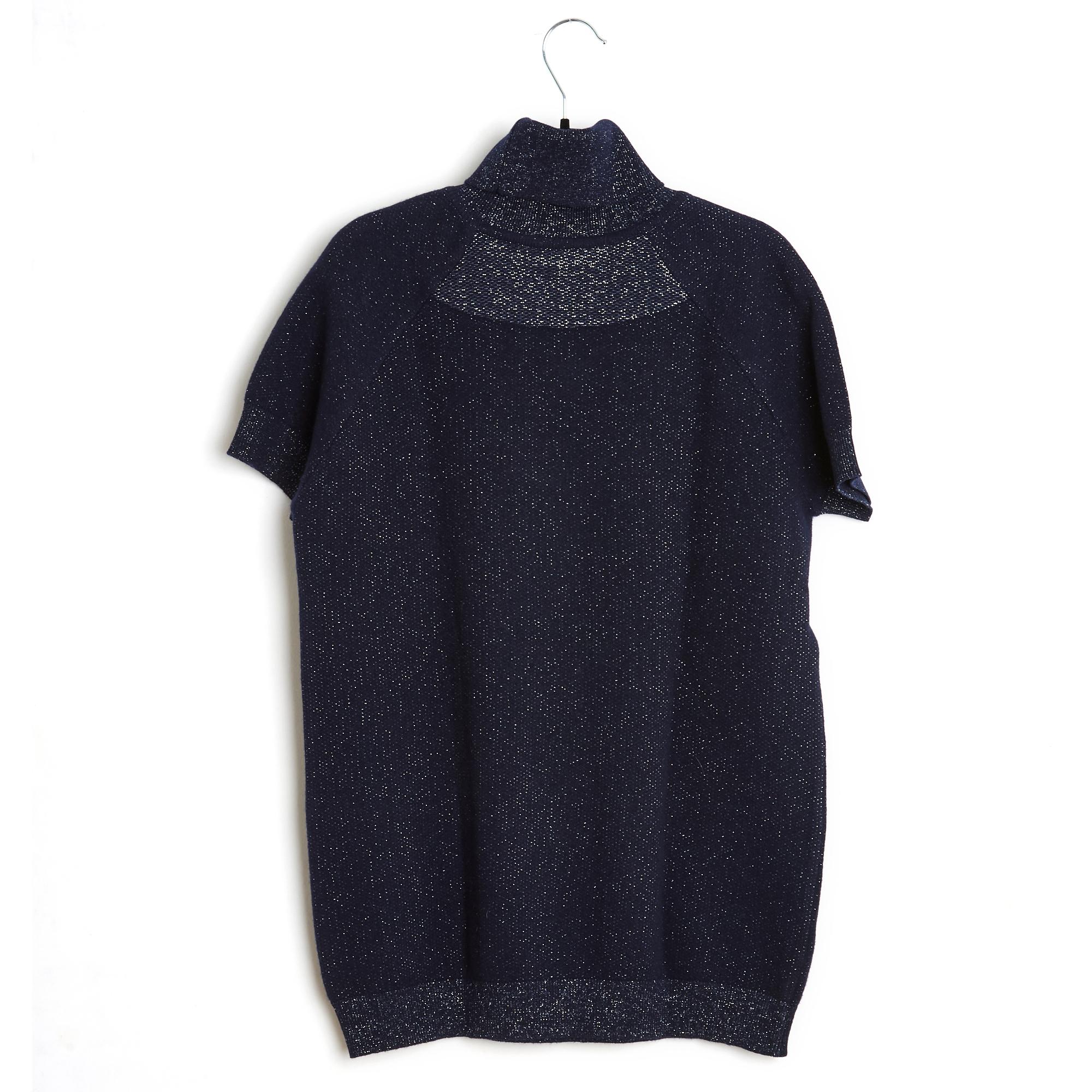 Women's Chanel Pull FR40 Navy Cashmere Silver Lurex Turtle Neck CC Sweater US10 For Sale
