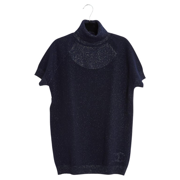 Pull Chanel FR40 bleu marine à col roulé en cachemire et lurex