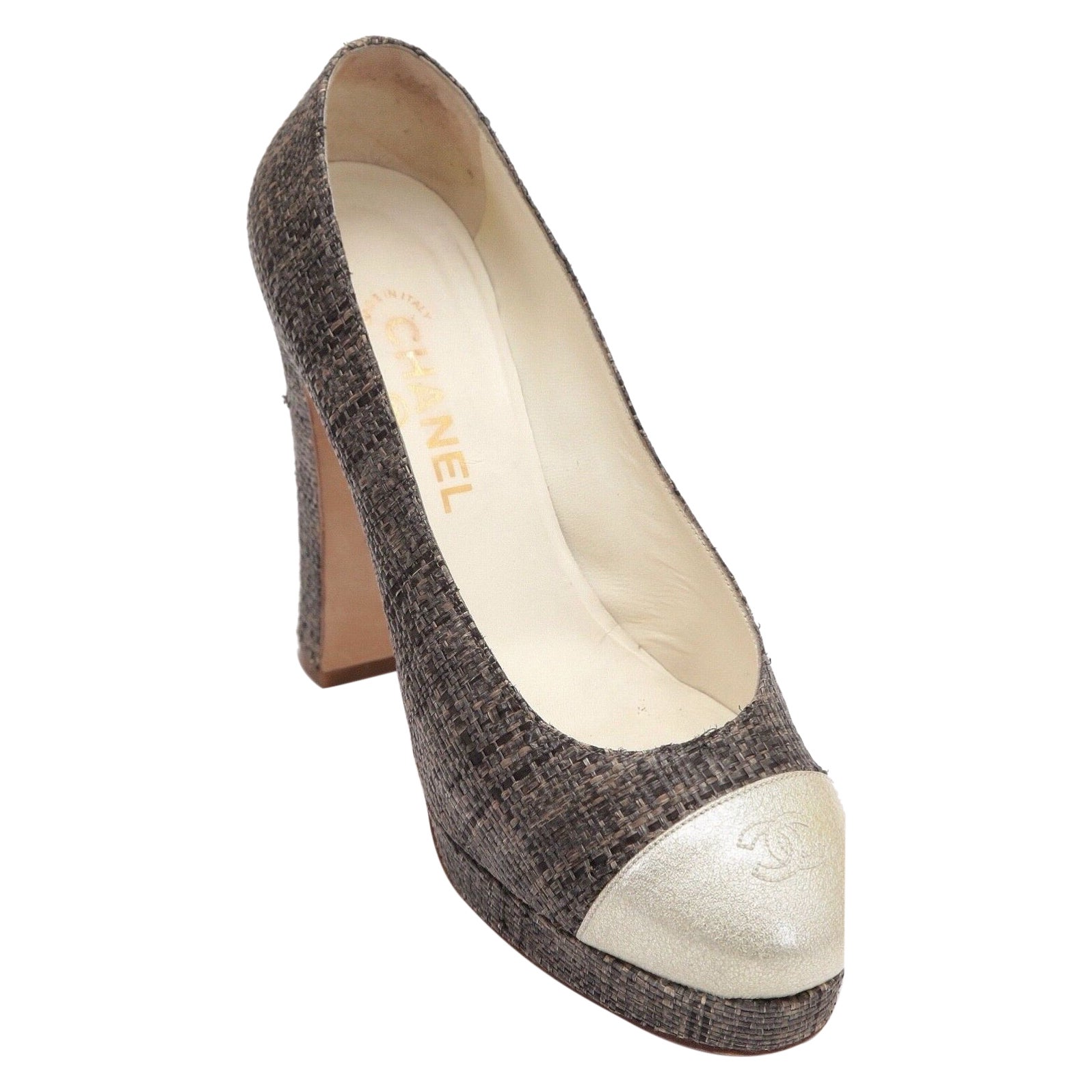 CHANEL Pump Platform Straw Patent Leather Tweed Cap Toe Brown Gold CC Logo Sz 40