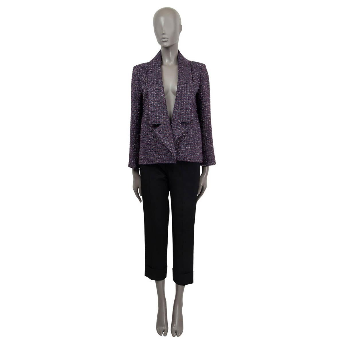 100% authentic Chanel open lurex tweed jacket in purple, raspberry, black and silver polyester (39%), acrylic (23%), polymide (23%), metal (9%) and wool (6%). Features a wide shawl collar, slit pockets and metallic CC buttons at the cuffs. Lined in