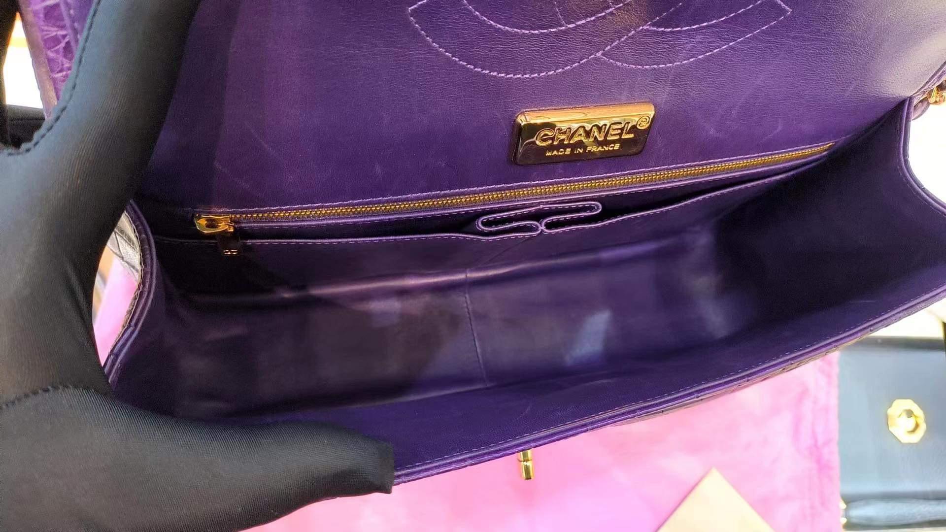 Chanel Purple Alligator Jumbo Classic Double Flap Bag with Gold Hardware For Sale 8