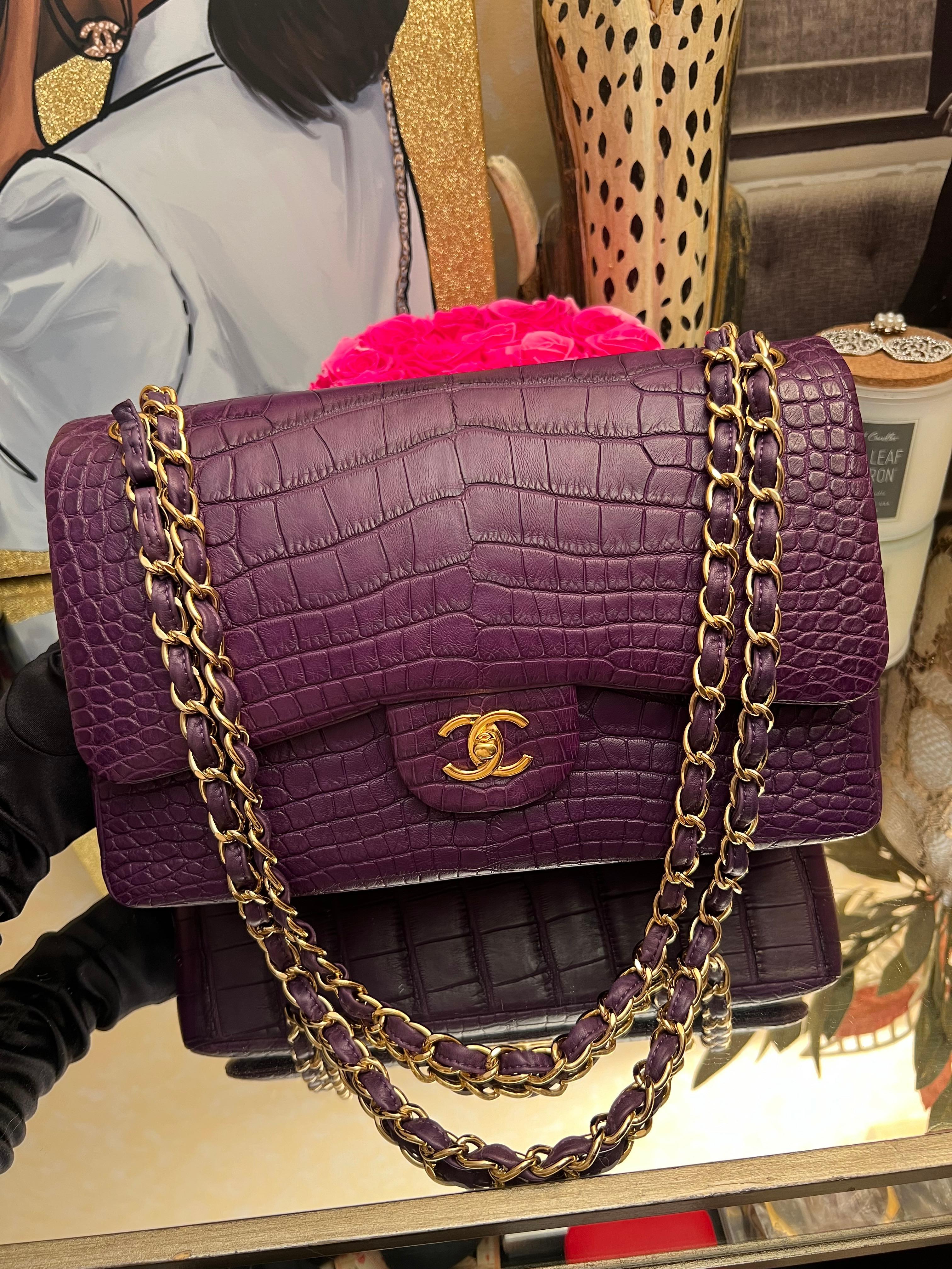 Chanel Purple Alligator Jumbo Classic Double Flap Bag with Gold Hardware For Sale 8