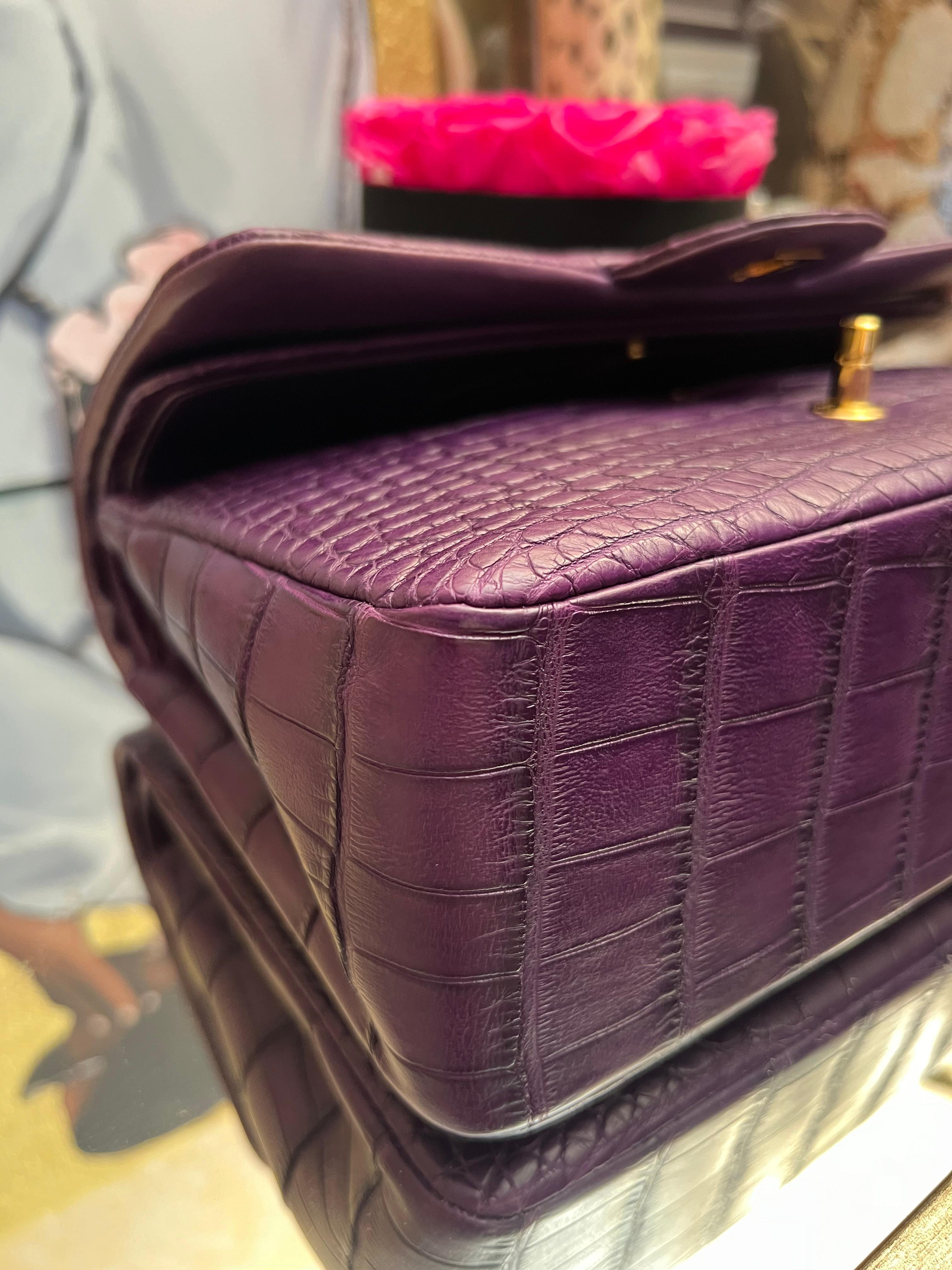 Chanel Purple Alligator Jumbo Classic Double Flap Bag with Gold Hardware For Sale 9