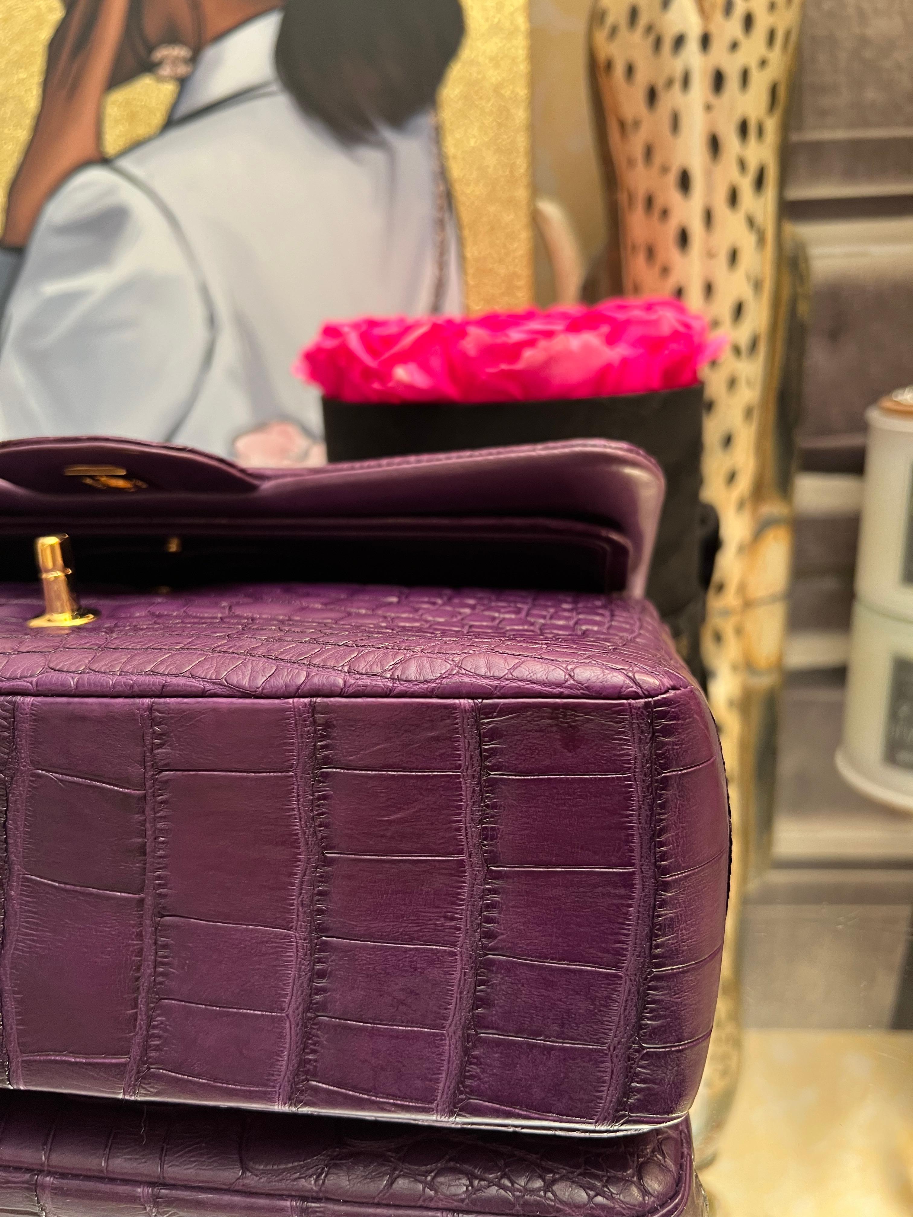 Chanel Purple Alligator Jumbo Classic Double Flap Bag with Gold Hardware For Sale 10