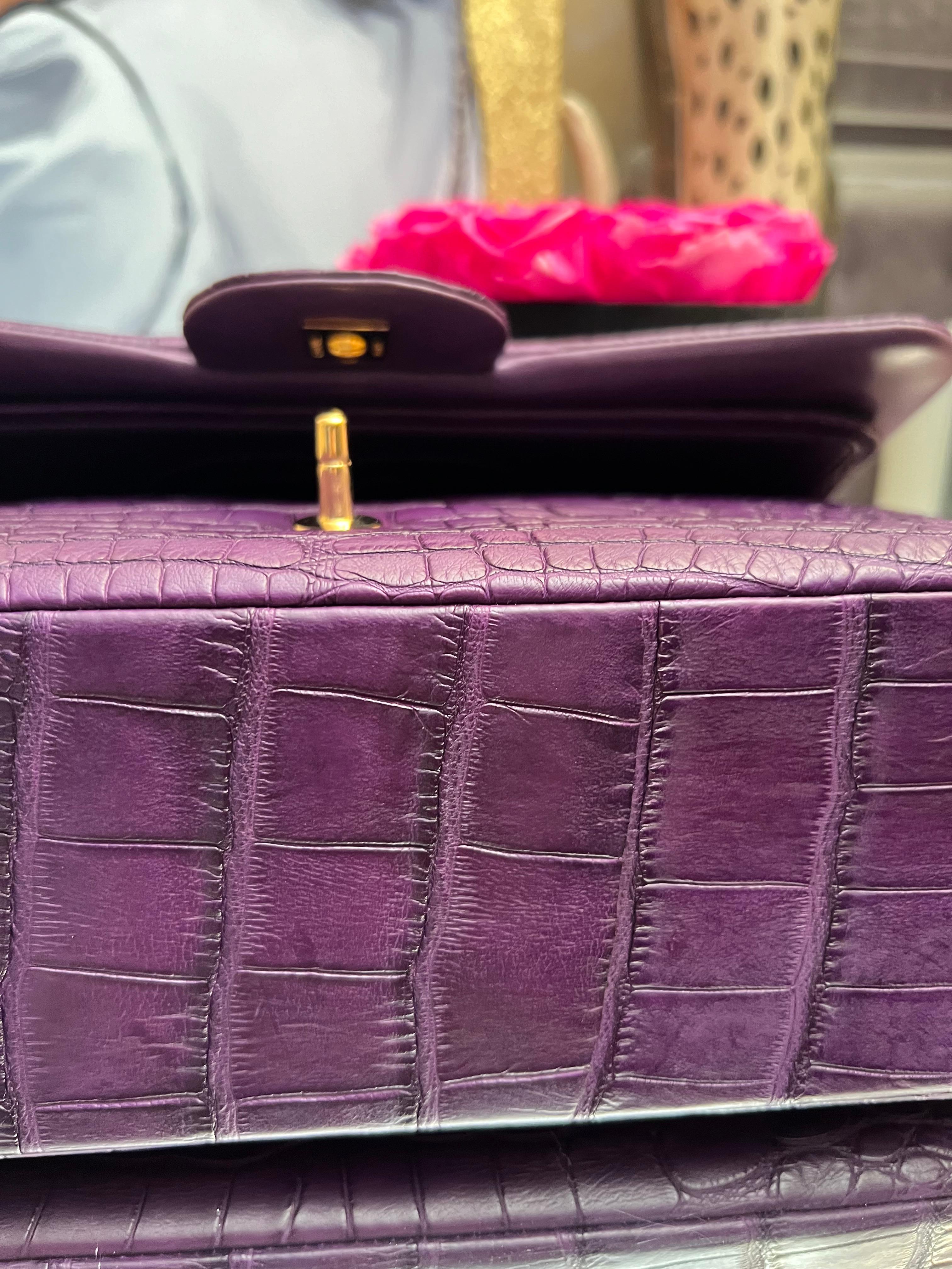 Chanel Purple Alligator Jumbo Classic Double Flap Bag with Gold Hardware For Sale 11