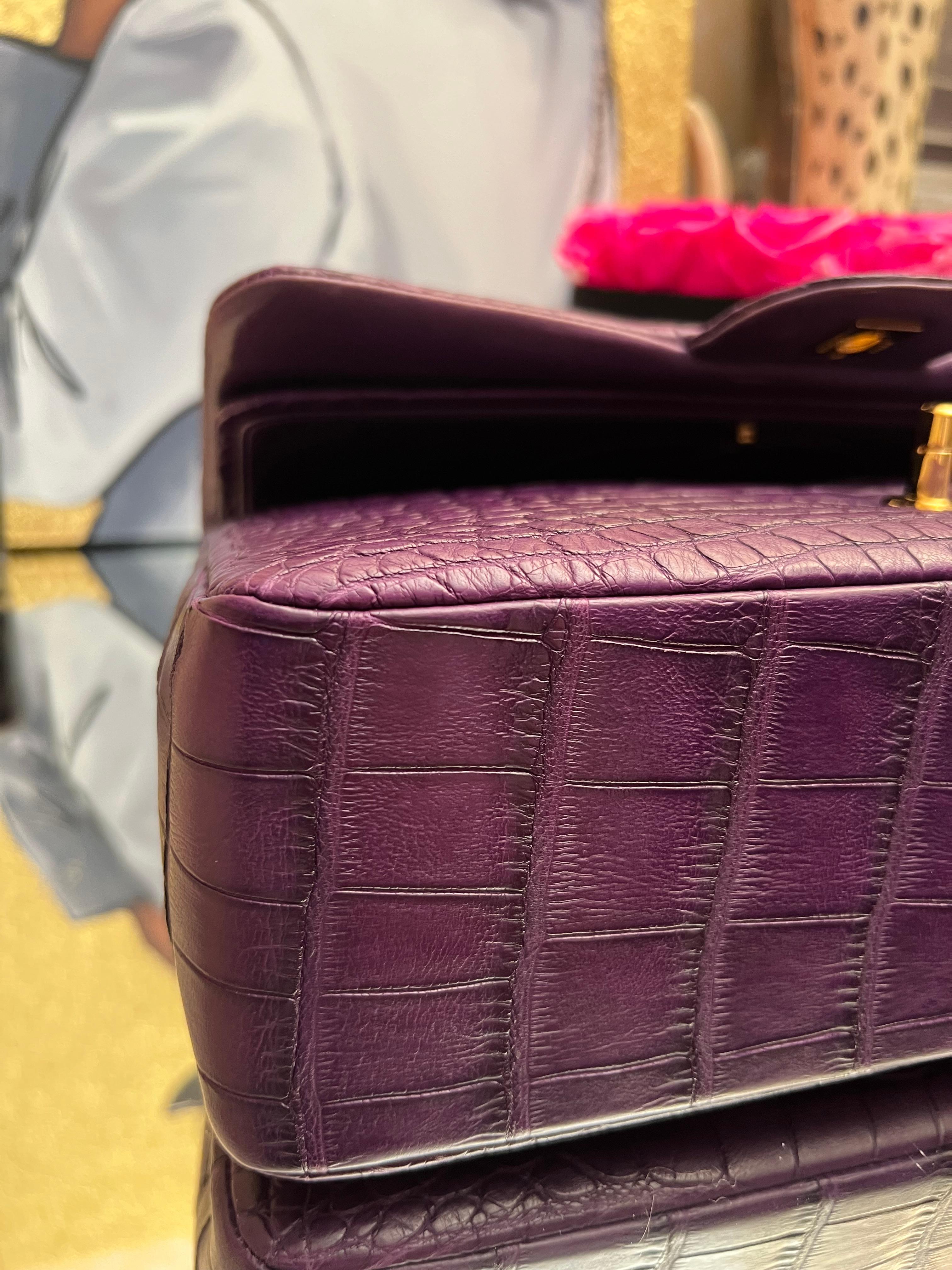 Chanel Purple Alligator Jumbo Classic Double Flap Bag with Gold Hardware For Sale 12
