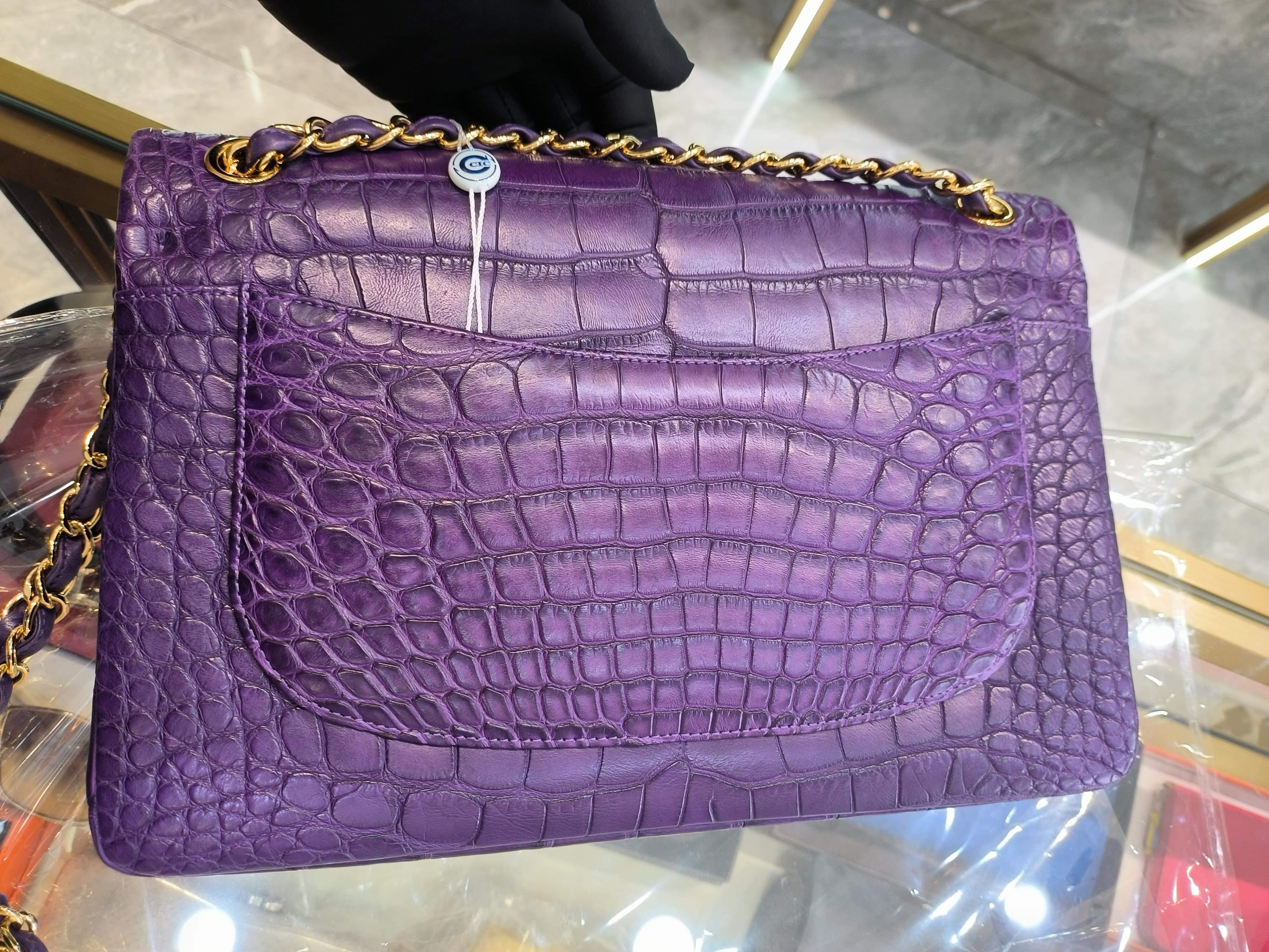 Women's or Men's Chanel Purple Alligator Jumbo Classic Double Flap Bag with Gold Hardware For Sale