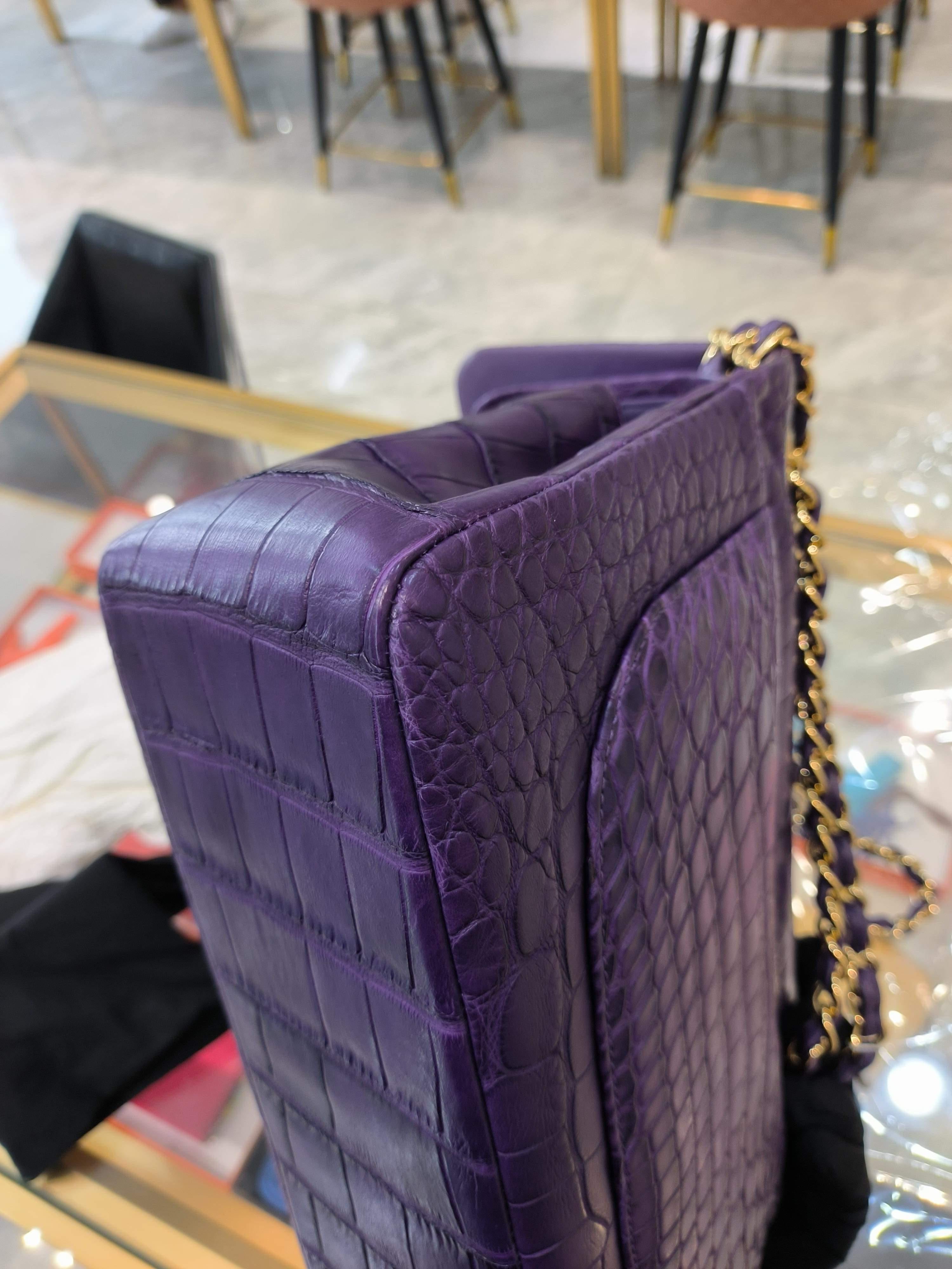 Chanel Purple Alligator Jumbo Classic Double Flap Bag with Gold Hardware For Sale 1