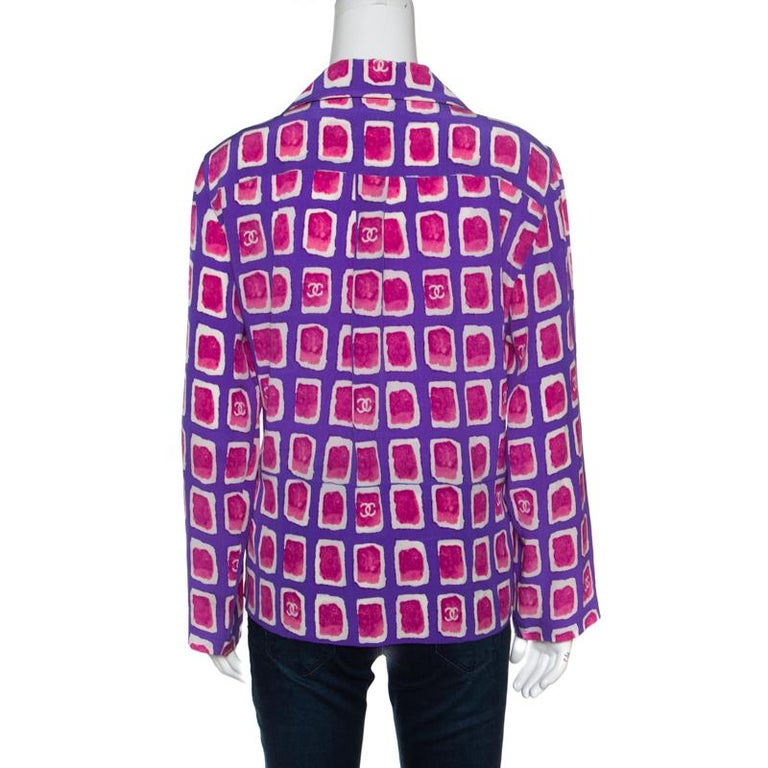 Chanel Purple and Pink Watercolor Motif Printed Silk Zip Front Blouse M ...