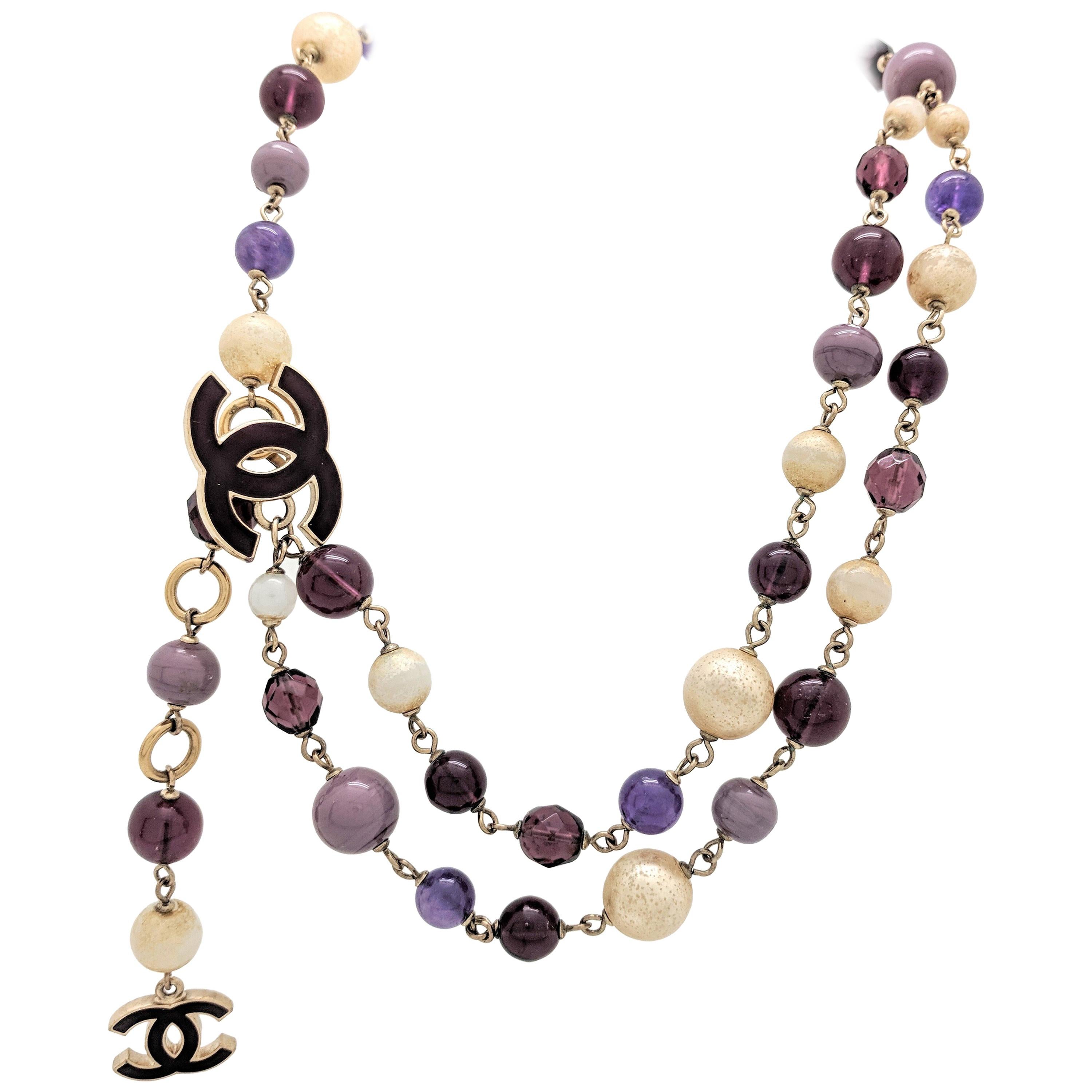 Chanel Purple Bead Pearl CC Logo Necklace