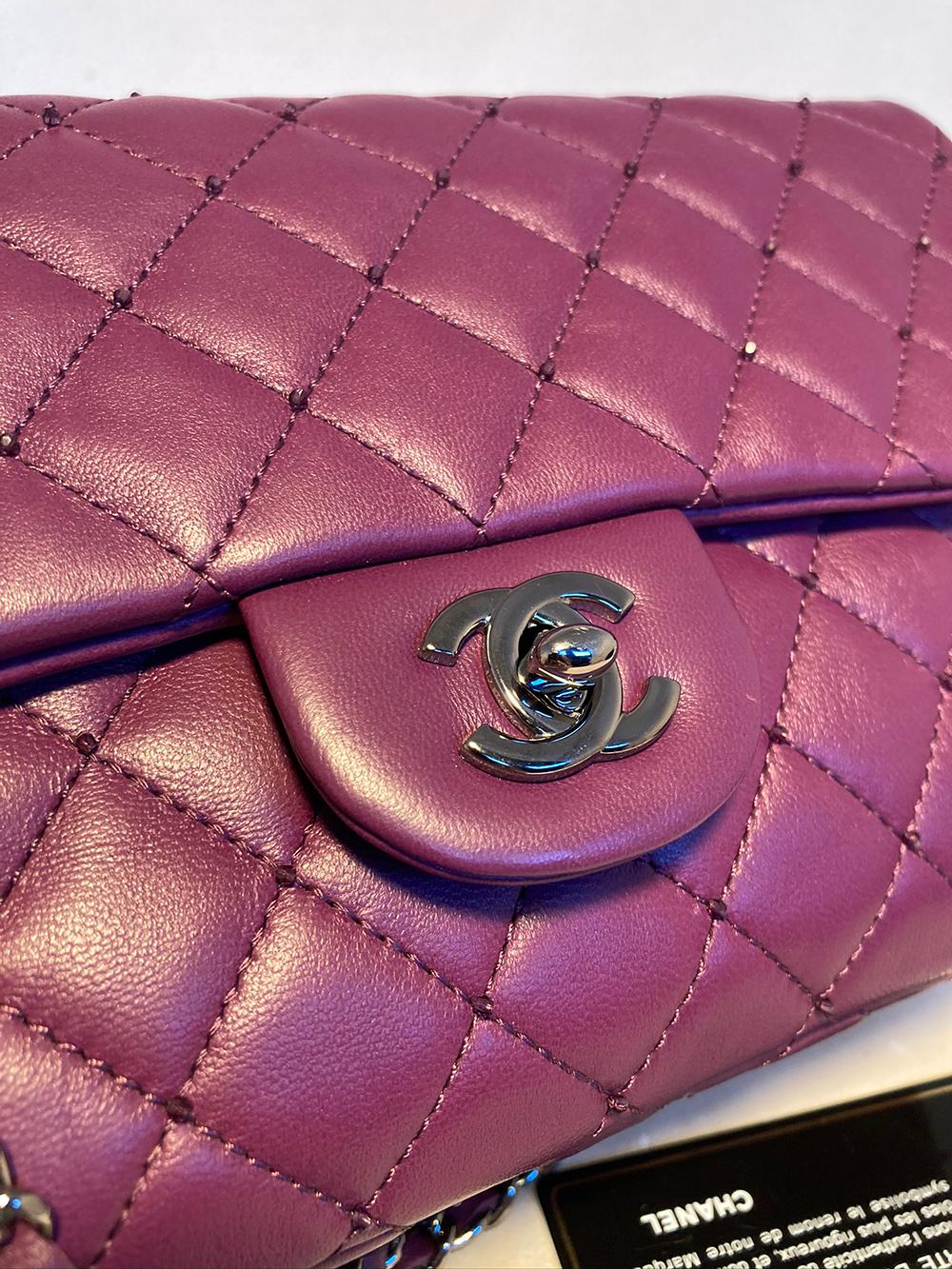 Chanel Purple Beaded Leather Classic Flap Shoulder Bag 4