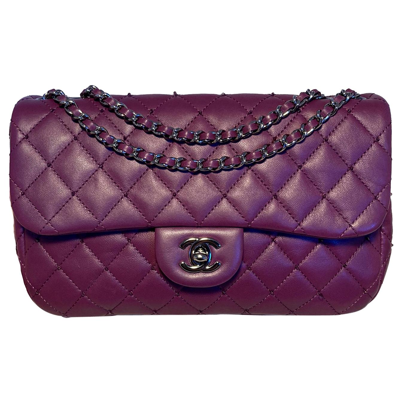 Chanel Purple Beaded Leather Classic Flap Shoulder Bag