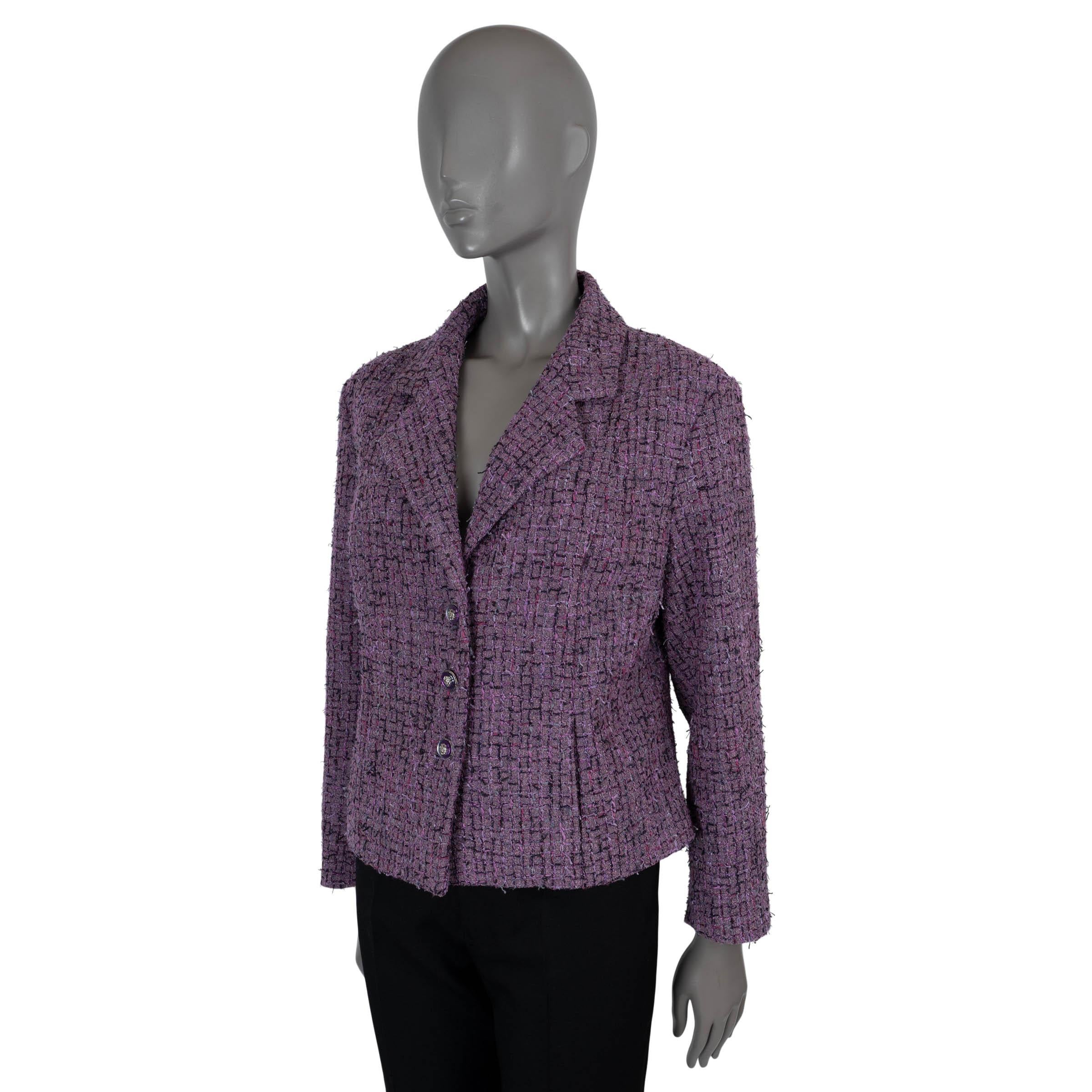 100% authentic Chanel tweed jacket in purple, black, magenta and grey acrylic (48%), polyester (27%), cotton (16%) and polyamide (9%). Features a boxy silhouette, wide notch lapels, buttoned cuffs and two front slit pockets. Opens with three