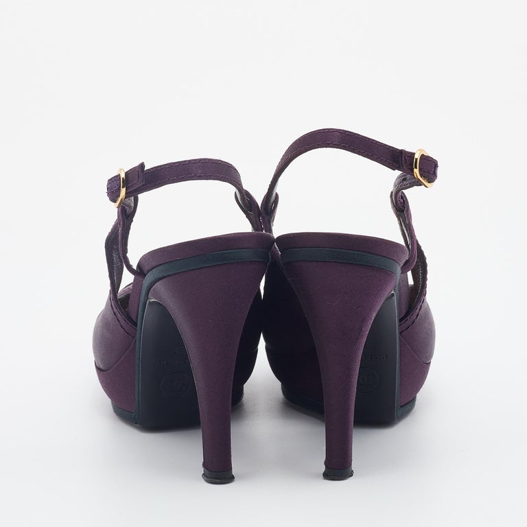 Chanel Purple/Black Satin CC Cap Toe Slingbacks Sandals Size 38
