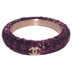 Chanel Purple Black Tweed Silver Steel Bangle Bracelet with CC logo