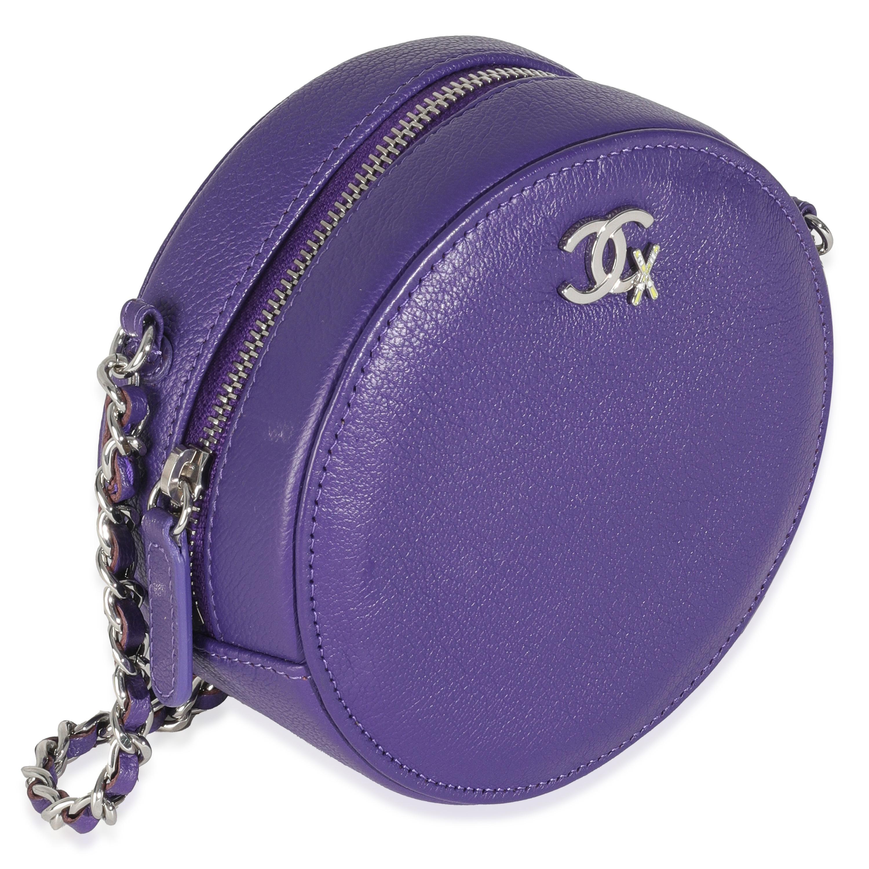 Chanel Purple Calfskin Ski Round Clutch With Chain In Excellent Condition For Sale In New York, NY