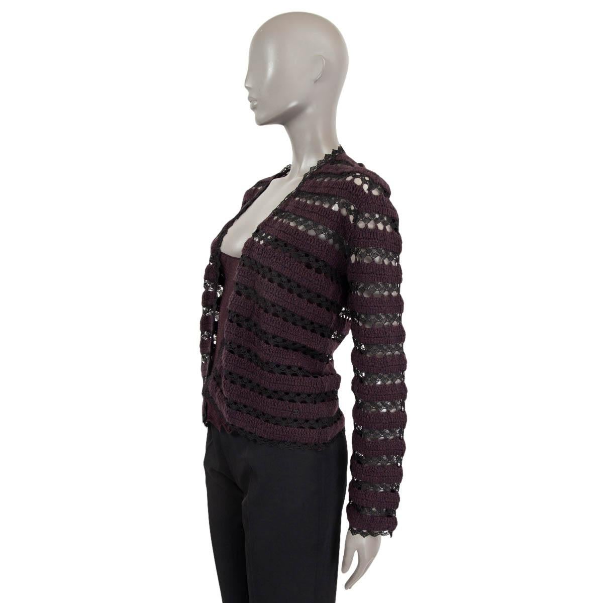 Black CHANEL purple cashmere 2002 02A CROCHET STRIPED OPEN Twinset Sweater M For Sale
