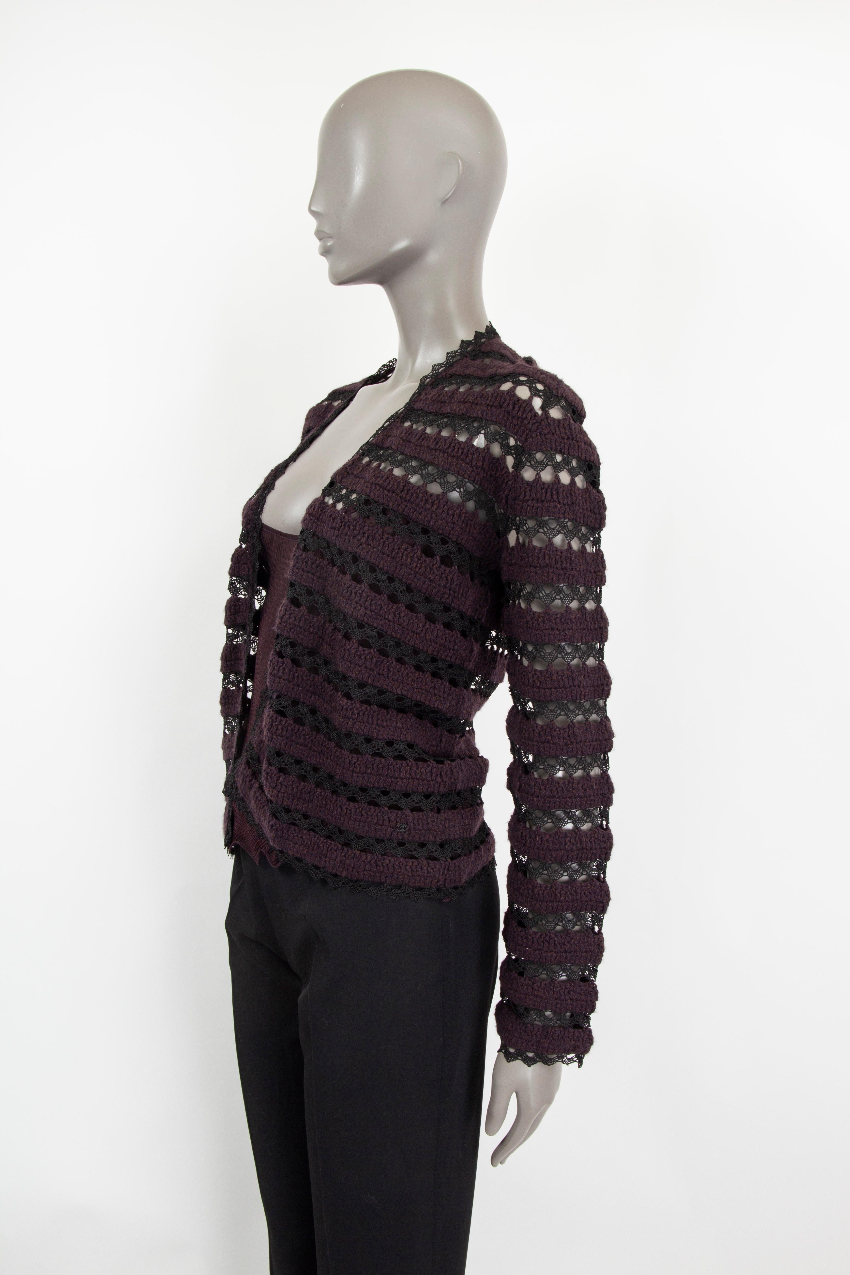 CHANEL purple cashmere 2002 02A CROCHET STRIPED OPEN Twinset Sweater M For Sale 1