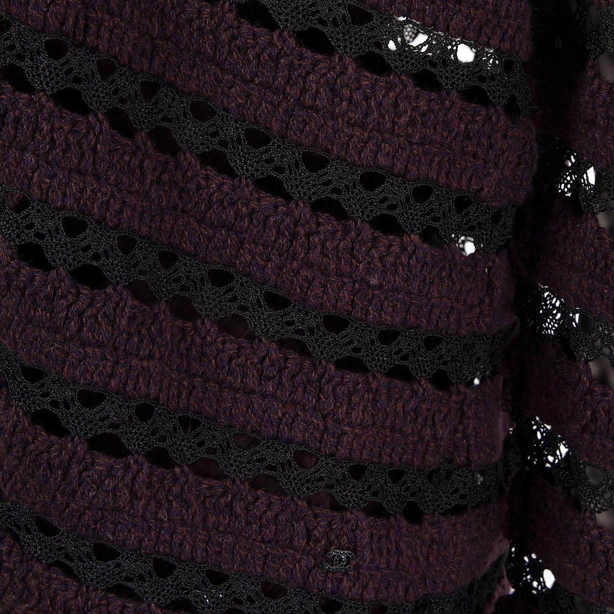 CHANEL purple cashmere 2002 02A CROCHET STRIPED OPEN Twinset Sweater M For Sale 2