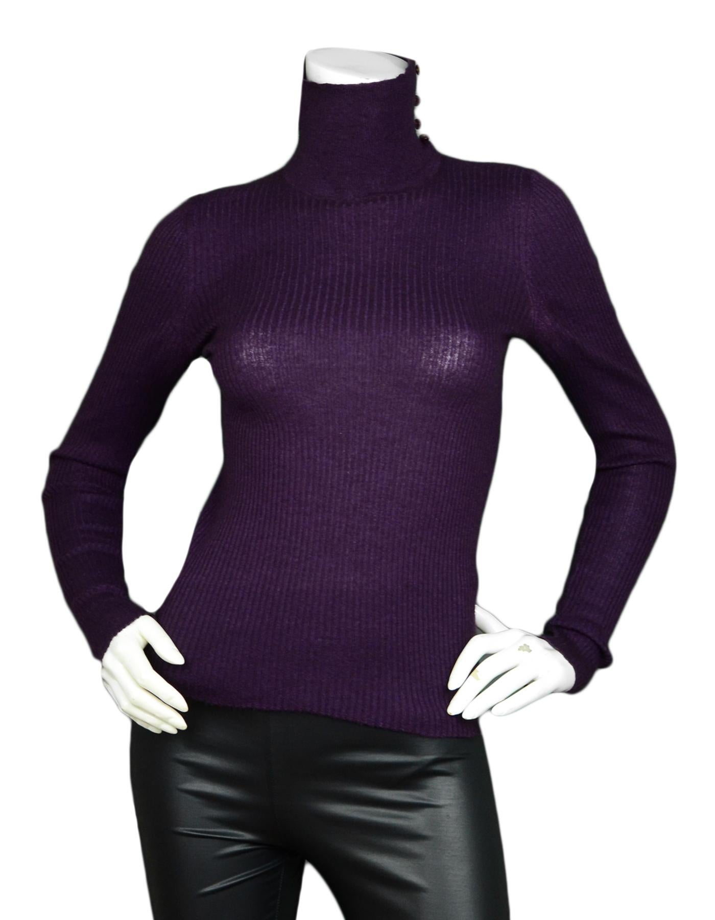 Chanel Purple Cashmere Blend Long Sleeve Turtleneck Sweater with CC Buttons sz FR38

Made In: Italy
Color: Purple
Materials: 70% Cashmere, 30% Silk
Lining: 70% Cashmere, 30% Silk 
Opening/Closure: Slip on
Overall Condition: Excellent pre-owned