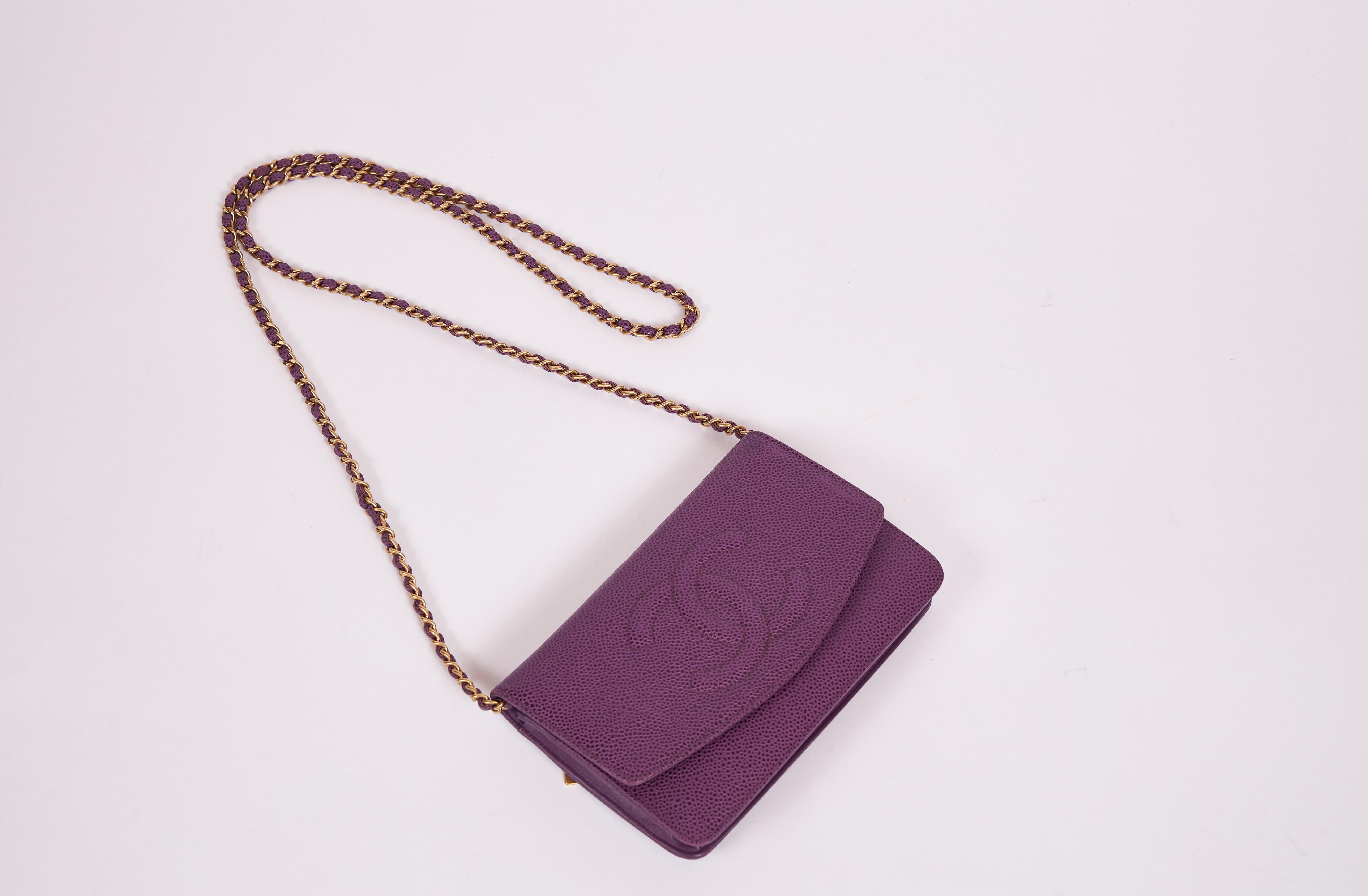 Gray Chanel Purple Caviar Crossbody Wallet on A Chain Bag