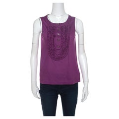 Chanel Purple Cotton Jersey Ruffled Yoke Detail Sleeveless Top S