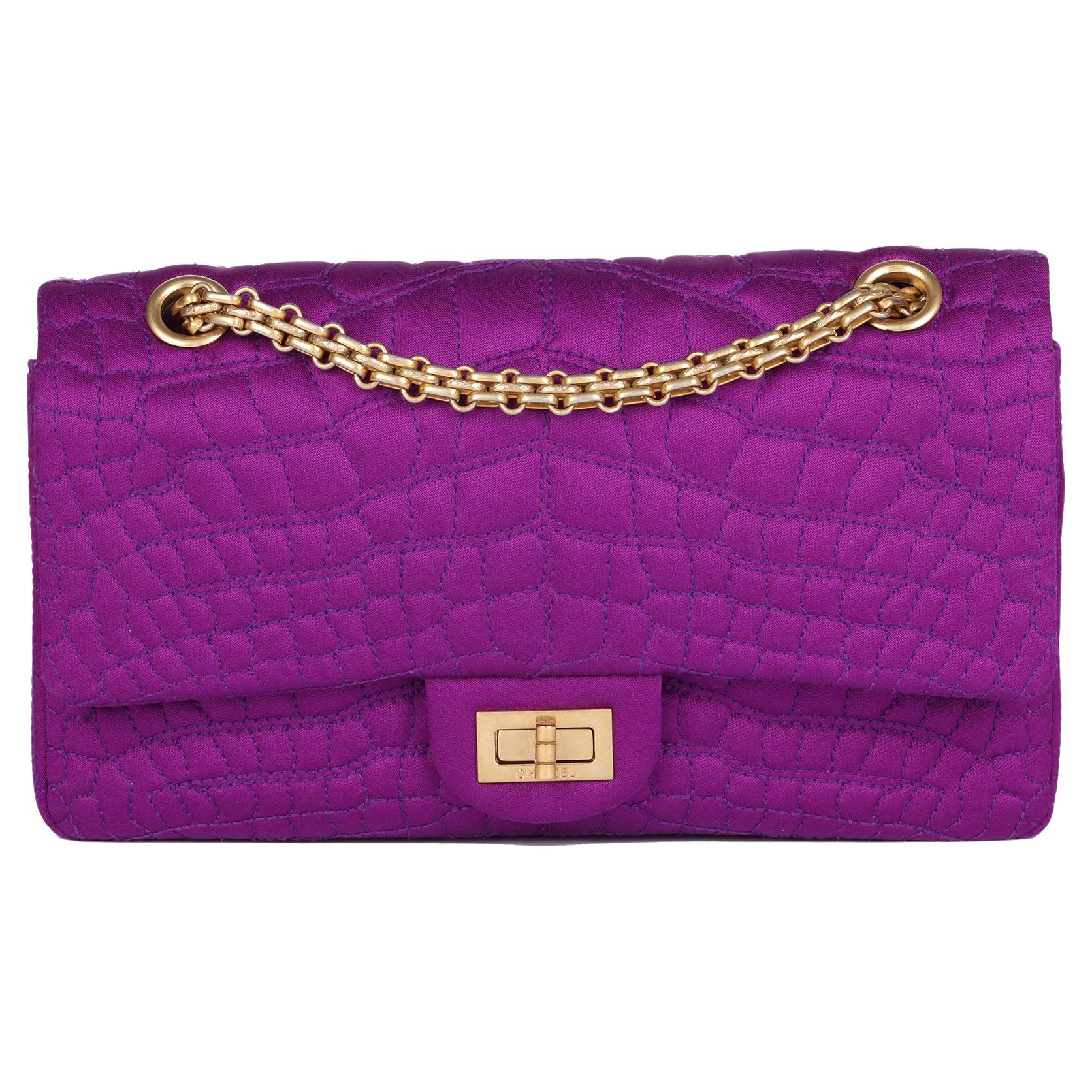 CHANEL Purple Crocodile Embroidered Satin 2.55 224 Reissue Double Flap Bag