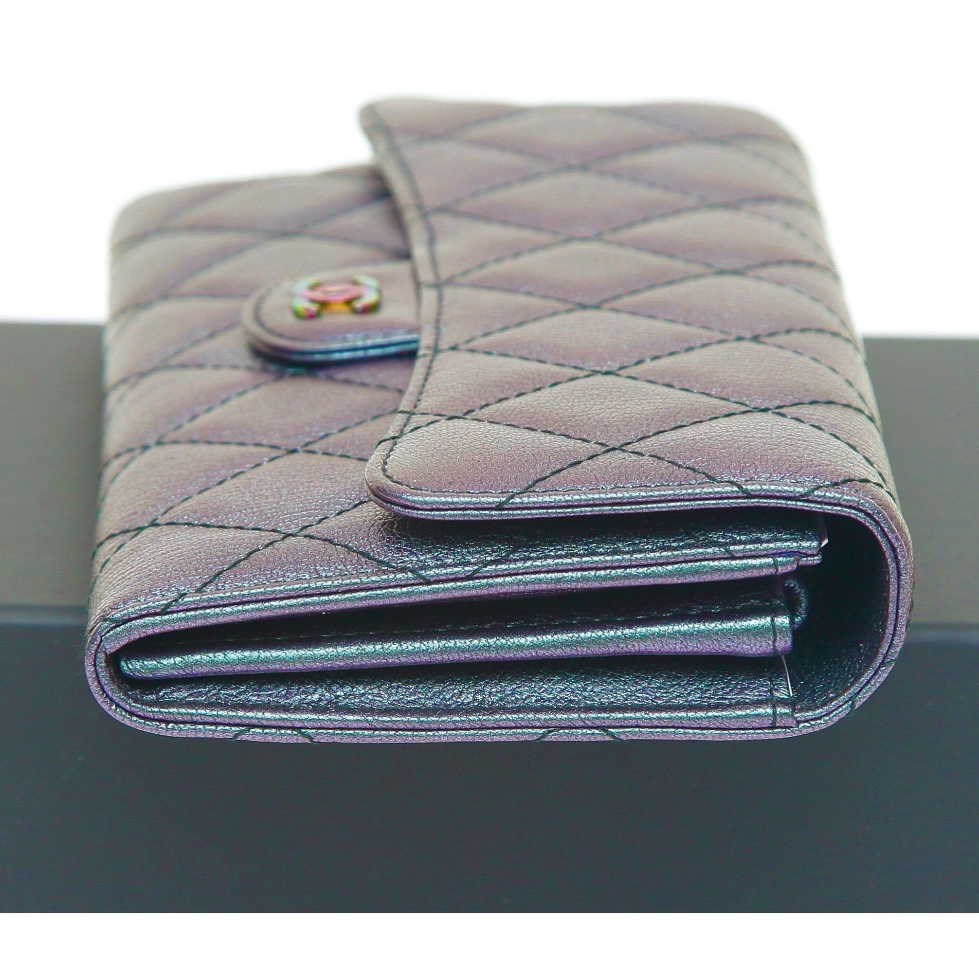 CHANEL Purple Iridescent Quilted Leather Wallet Iridescent Rainbow CC HW 16C NIB In New Condition For Sale In Hollywood, FL