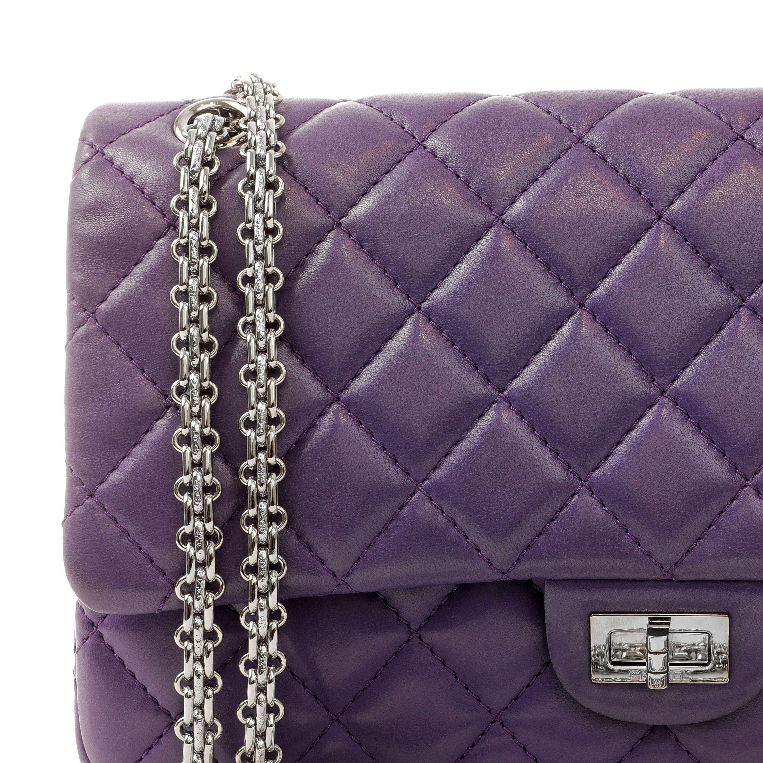 Gray Chanel Purple Lambskin 2.55 Medium Classic Flap with Silver Hardware For Sale