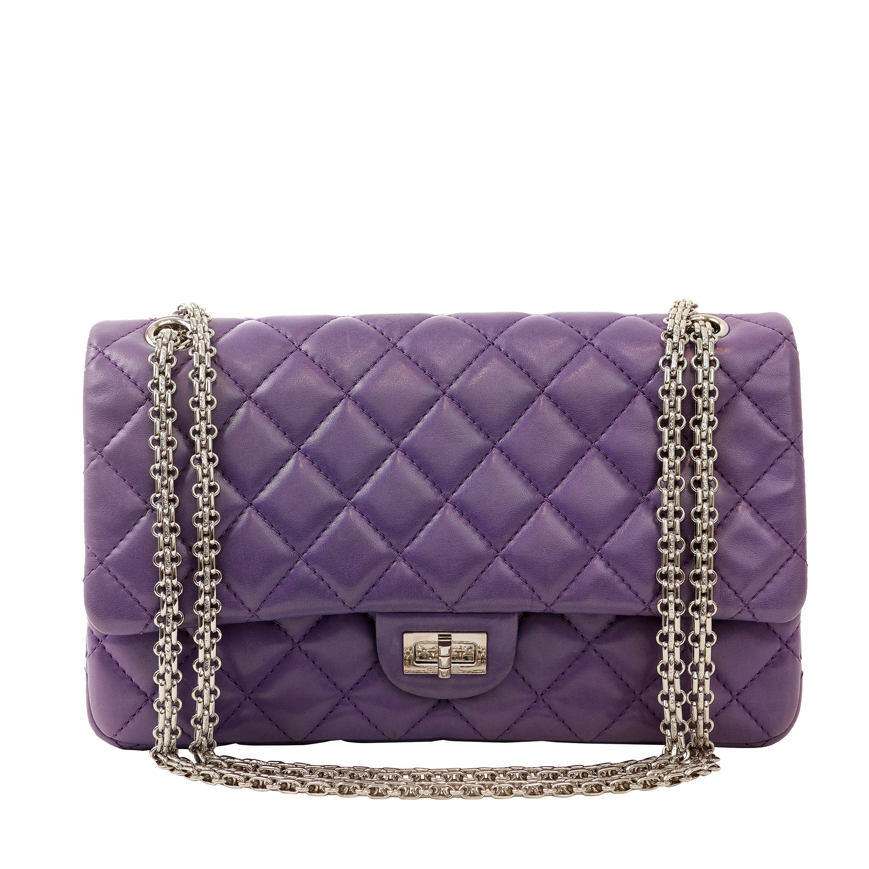 Chanel Purple Lambskin 2.55 Medium Classic Flap with Silver Hardware In Excellent Condition For Sale In Palm Beach, FL
