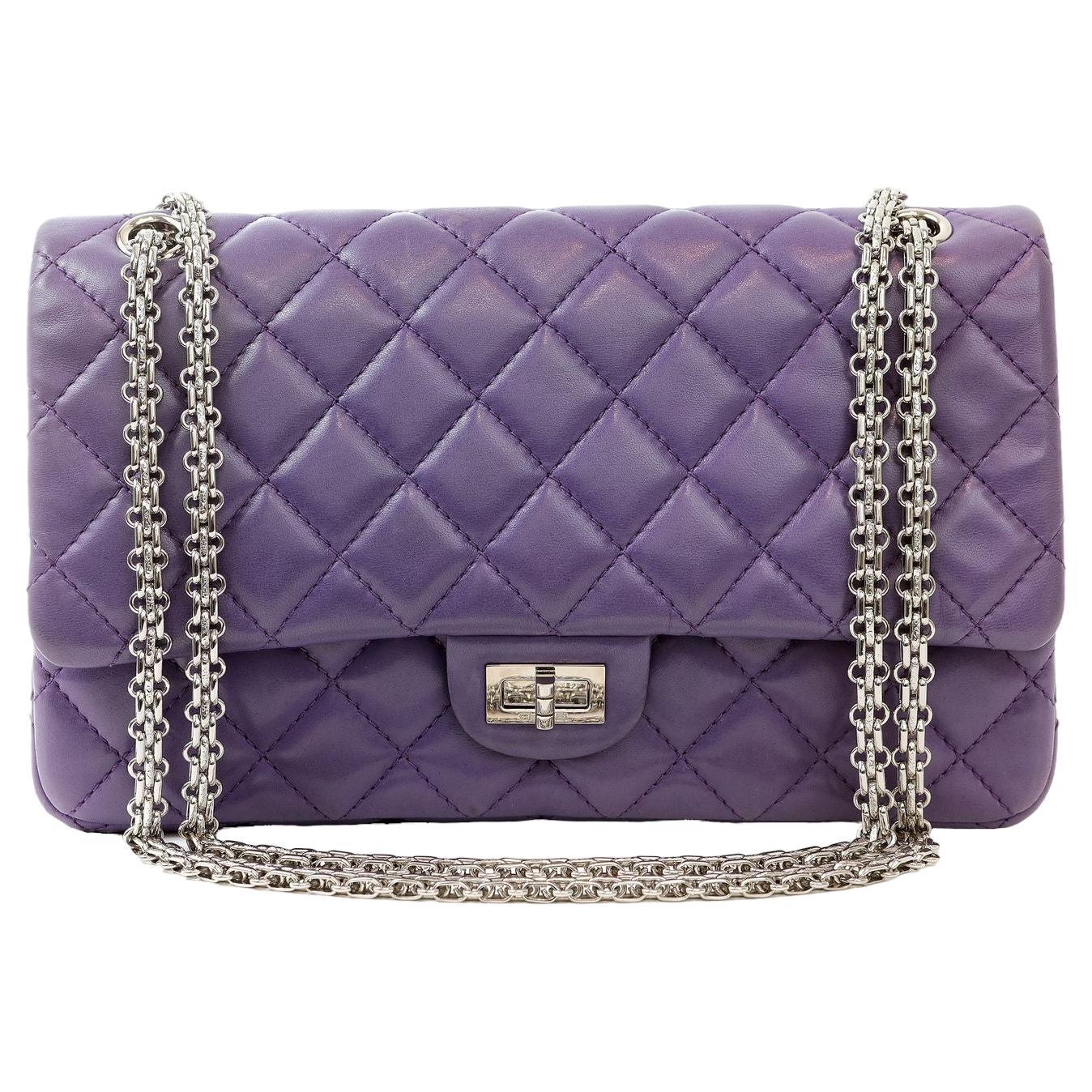 Chanel Purple Lambskin 2.55 Medium Classic Flap with Silver Hardware For Sale