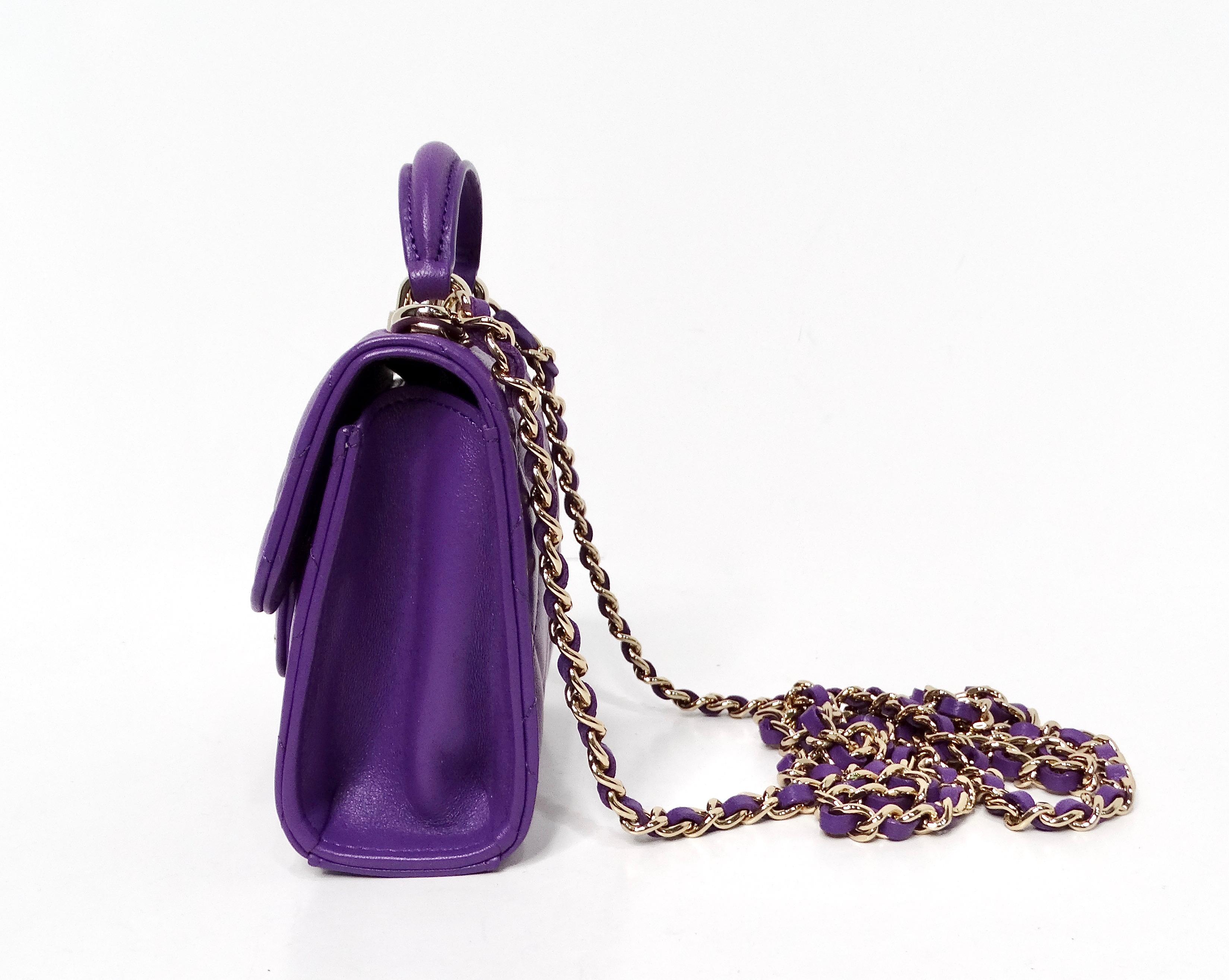 Chanel Purple Lambskin Quilted Leather Mini Kelly Bag With Mirror In Good Condition For Sale In Scottsdale, AZ