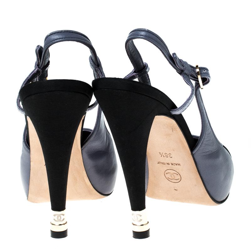 Women's Chanel Purple Leather And Black Canvas Slingback Platform Sandals Size 38.5