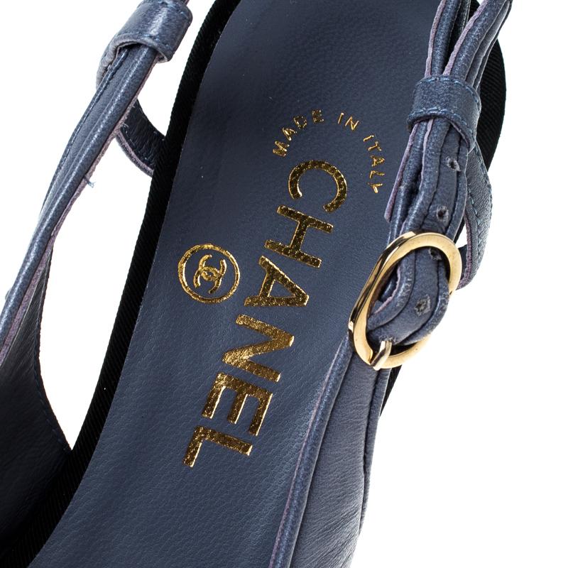 Chanel Purple Leather And Black Canvas Slingback Platform Sandals Size 38.5 1